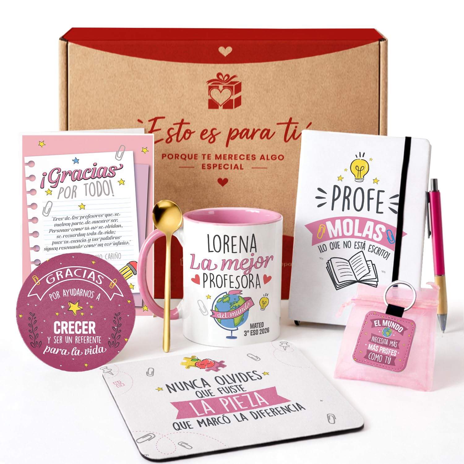Kembilove® Regalo Profesora Fin de Curso Personalizado – Pack Detalle de Clase con Taza y Libreta – Idea Original para Despedidas y Agradecimiento Escolar