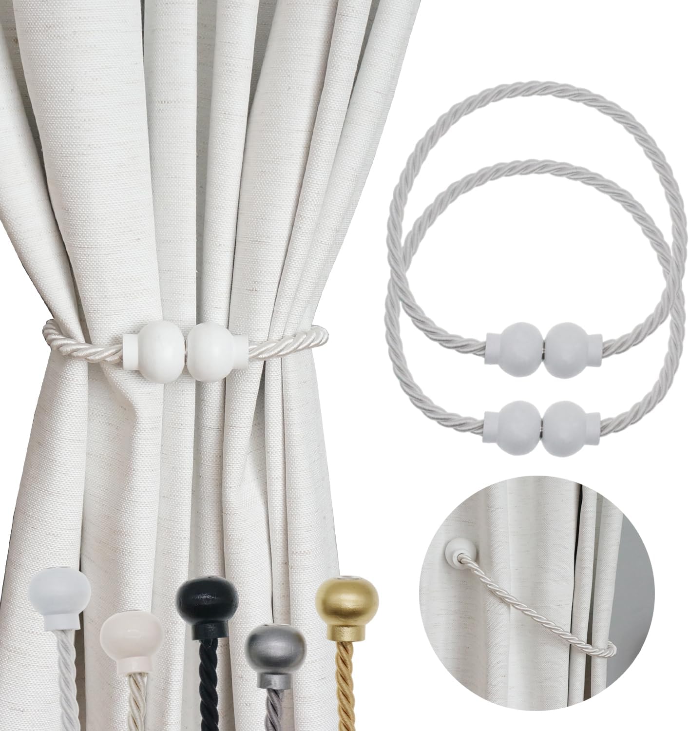 HIASTRA 2 Pack Magnetic Curtain Tiebacks Modern Handmade Rope Curtain Tie Backs Decorative Drapes Weave Holdbacks for Home Outdoor Bedroom Office Decorative Curtain, White