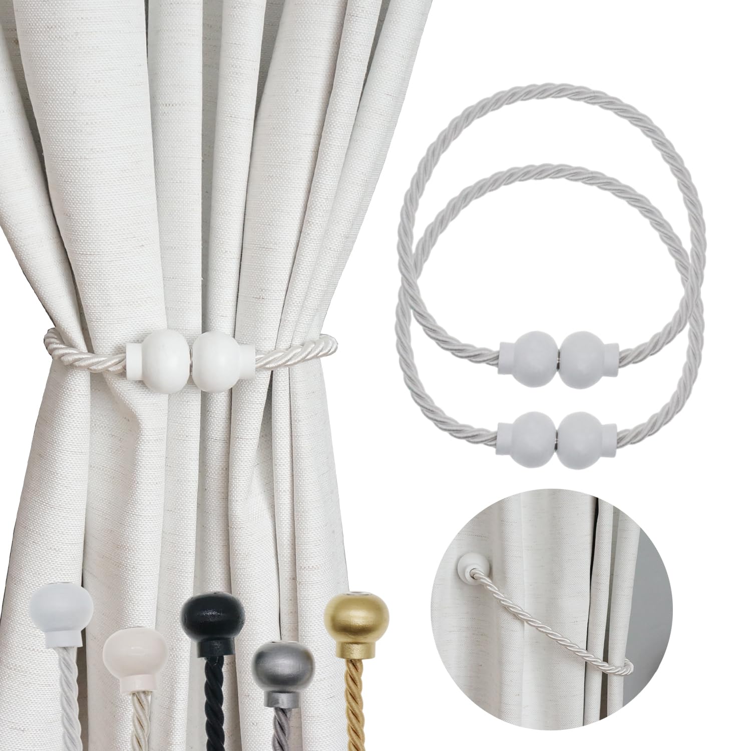 2 Pack Magnetic Curtain Tiebacks Modern Handmade Rope Curtain Tie Backs Decorative Drapes Weave Holdbacks for Home Outdoor Bedroom Office Decorative Curtain, White