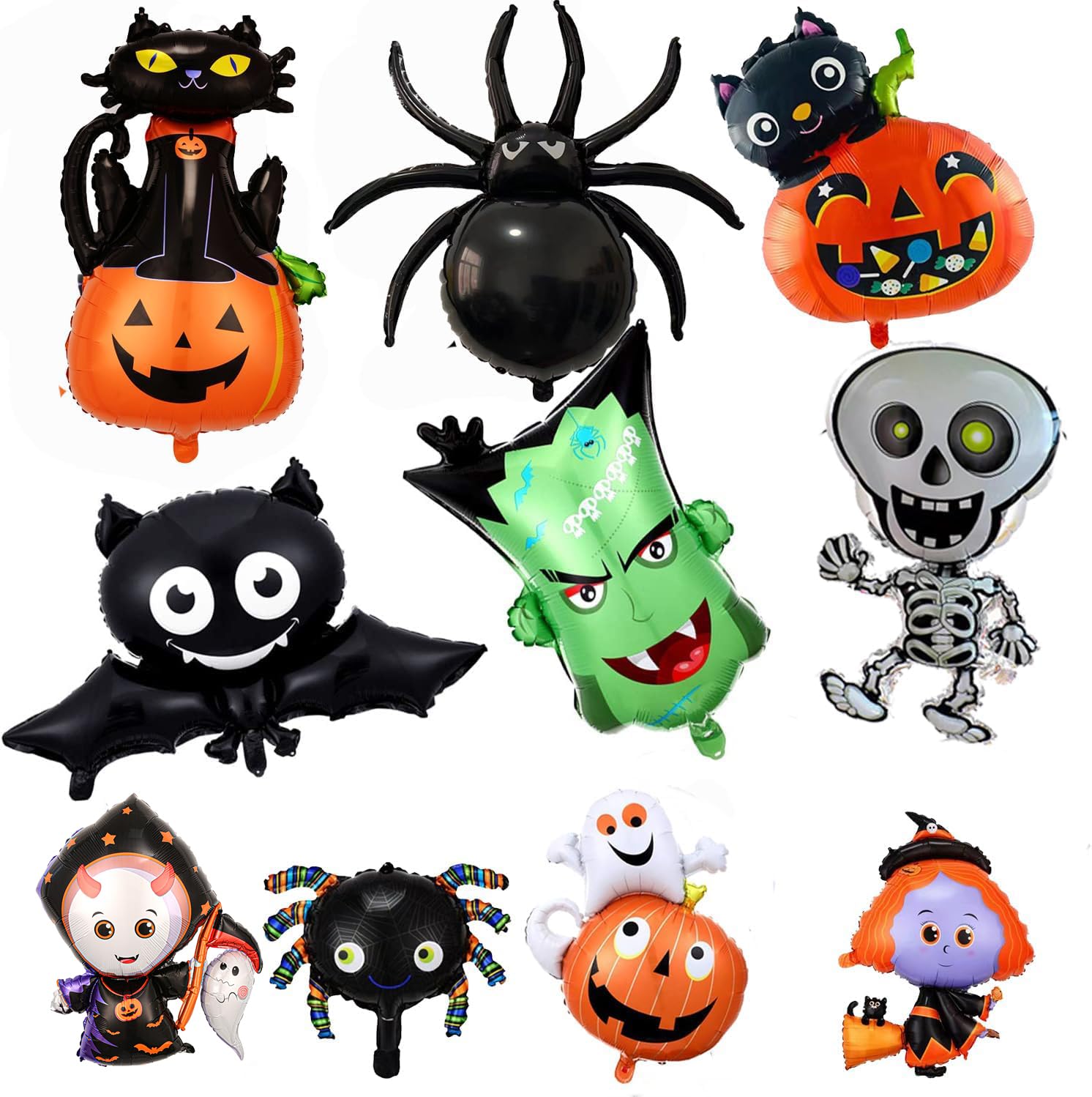 10 Giant Halloween Foil Balloons - Pumpkin, Spider, Bat, Witch, Skeleton, Ghost for Kids Party Decoration