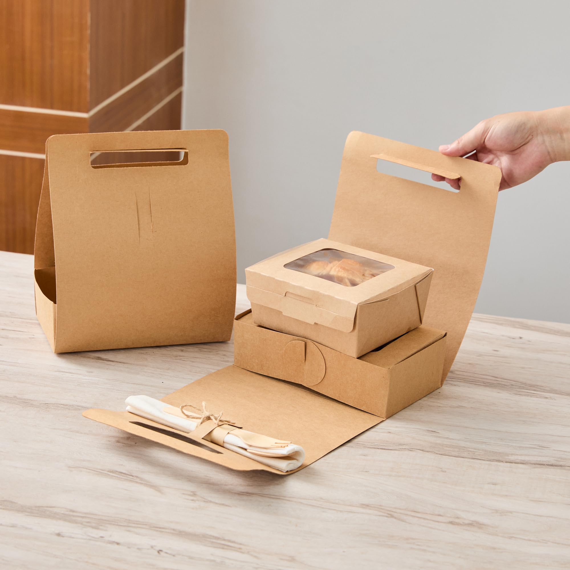 Restaurantware Bio Tek - Fiambreras de papel con asas, 100 recipientes desechables de papel kraft para alimentos, 21 x 10 x 20 cm, portavasos para utensilios de cocina, portadores de bebidas para