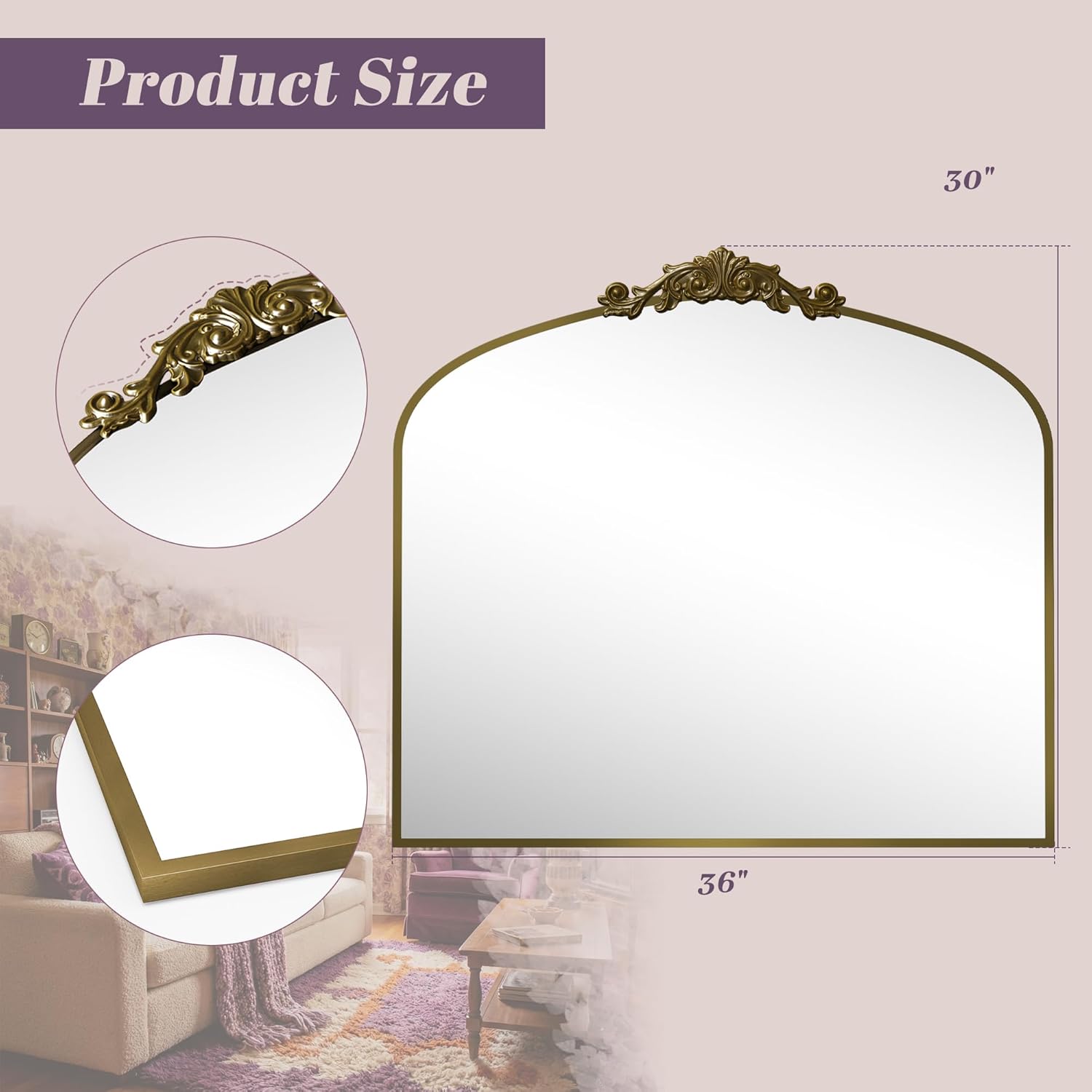 Arched Wall Mirror, 30" x 36" Vintage Carved Bathroom Mirror with Antique Bronze Aluminum Frame, Retro Decorative Wall Mirror for Bedroom, Living Room, Entryway, Fireplace & Hallway