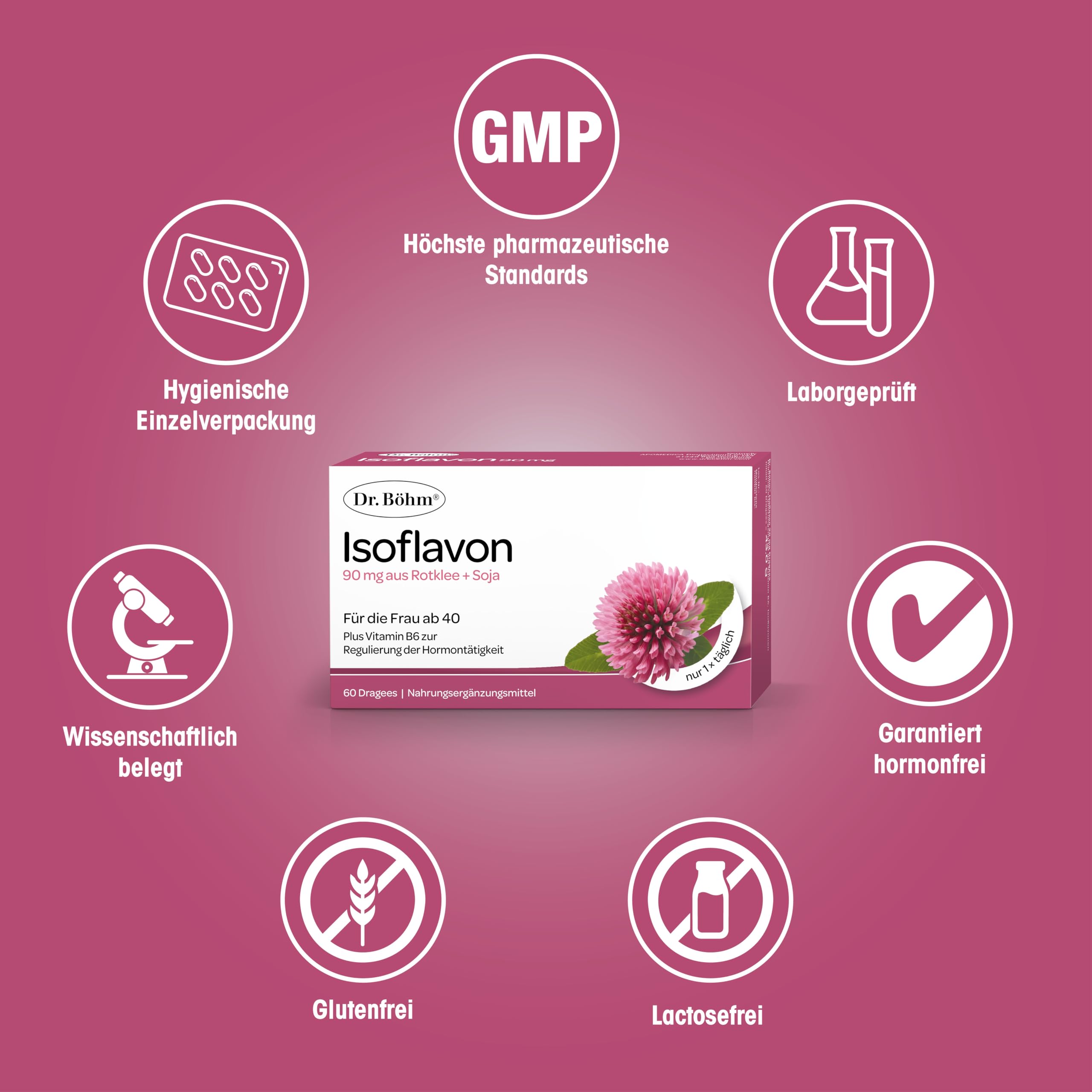 Dr. Böhm Isoflavon: Für hormonelle Balance & Wohlbefinden in den Wechseljahren, mit Vitamin B6, Astaxanthin, Soja- und Rotklee-Extrakt, für die Frau ab 40, 60 Dragees