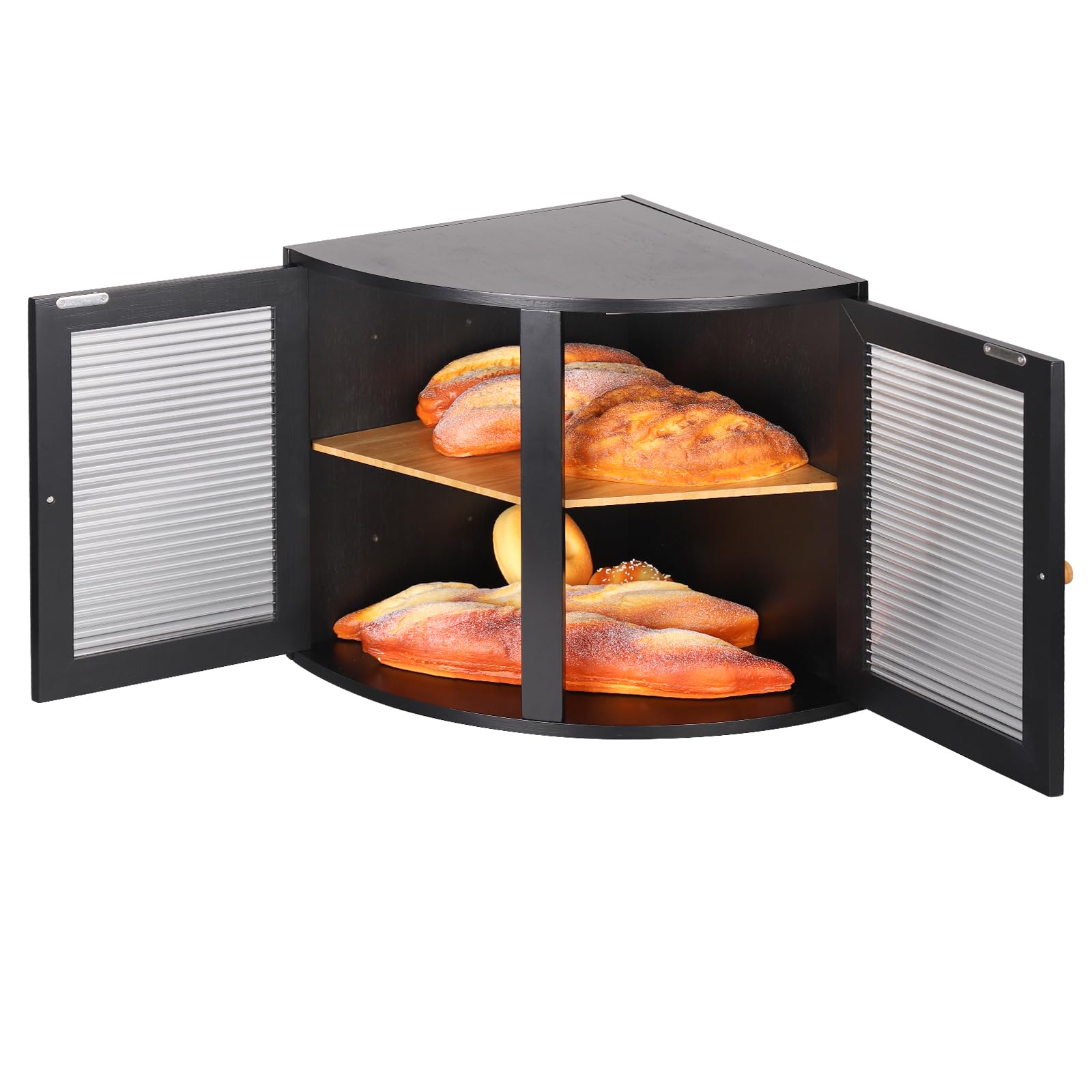 HOMEKOKO Panera esquinera de bambú de doble capa para encimera de cocina, contenedor de almacenamiento de alimentos de madera vintage de gran capacidad (negro)