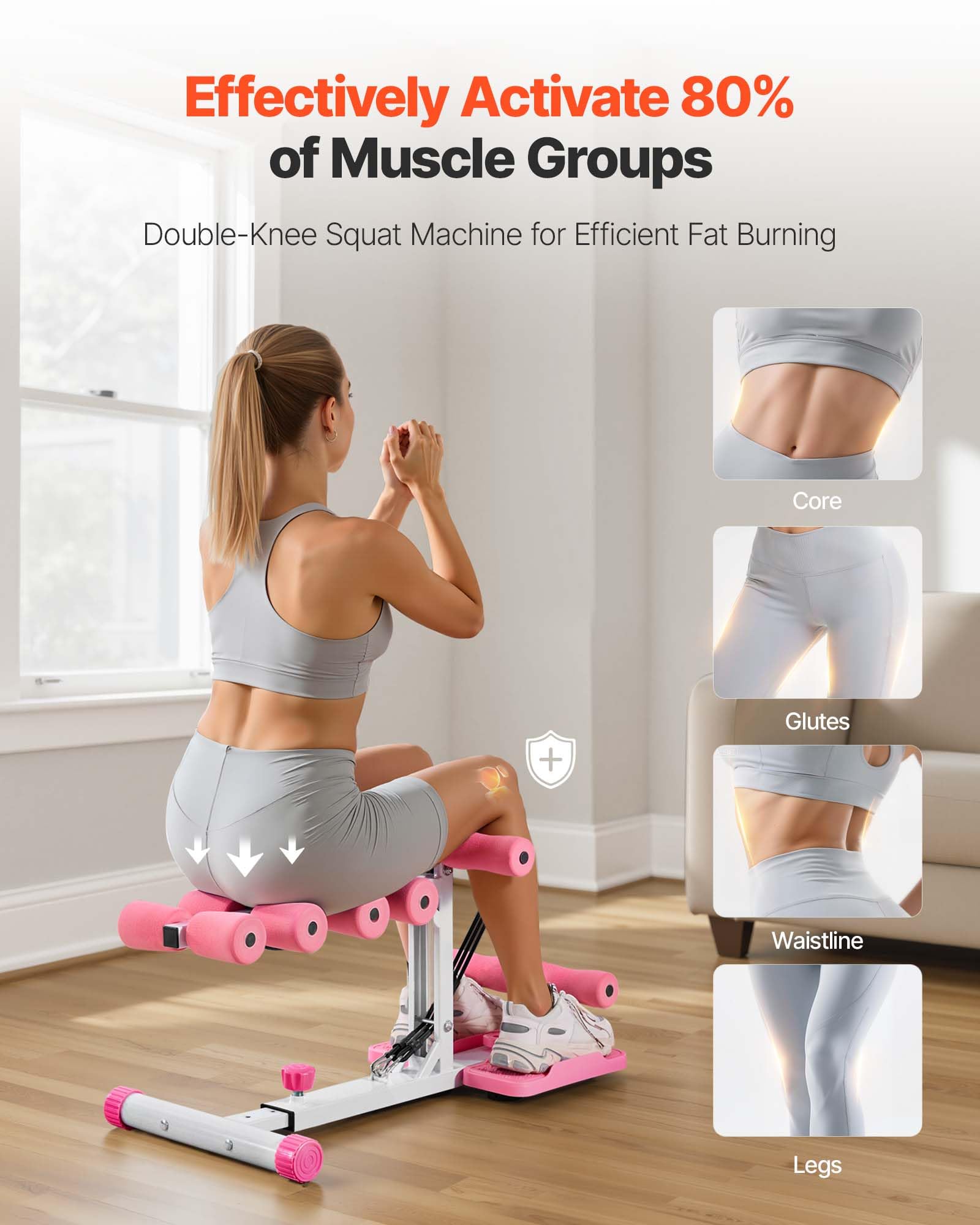 VEVOR Máquina de Sentadillas Profundas Ajustable, con 3 Bandas de Resistencia, Entrenador de Core y Glúteos Plegable, para Gimnasio en Casa, Rosa y Blanco, Carga de 136 kg, 800 x 400 x 760 mm