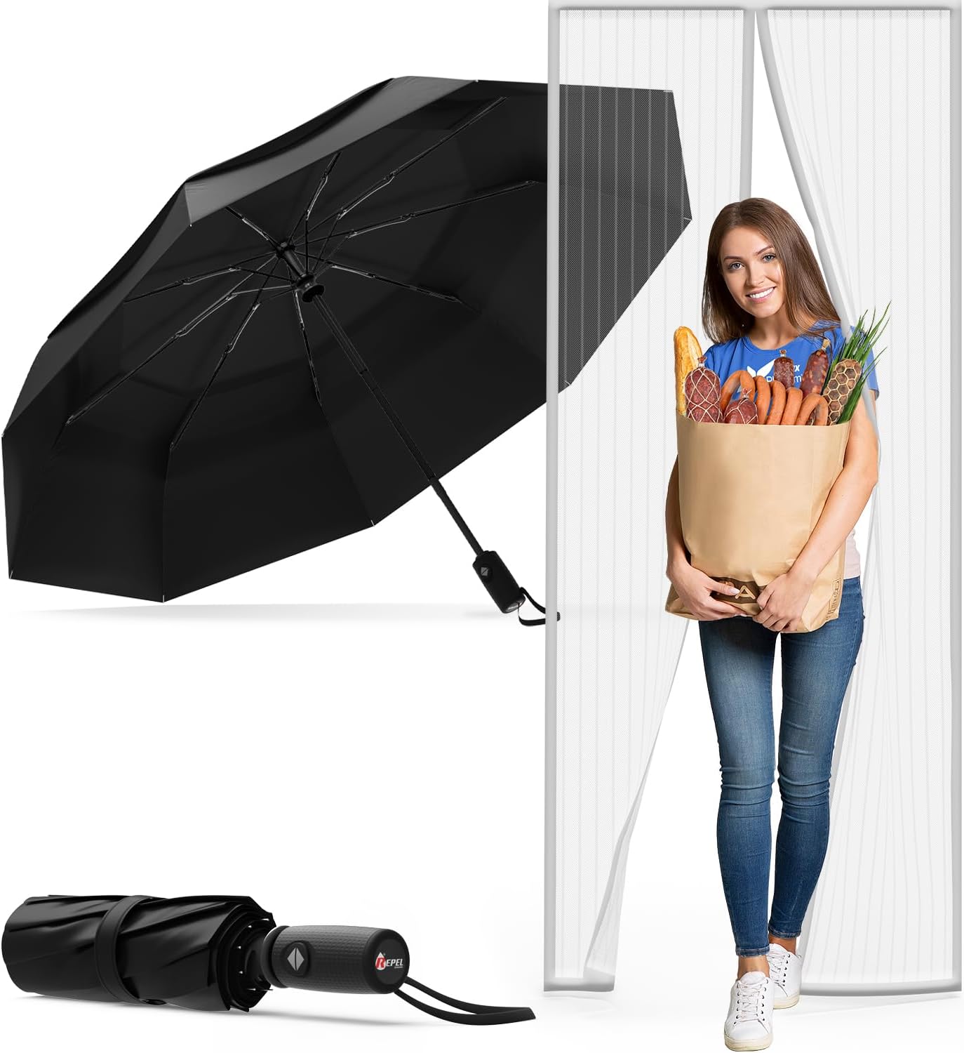 Magnetic Screen Door & Umbrella Bundle– Keep Bugs Out at Home and Stay Dry on The Go with a Durable Screen and Windproof Travel Umbrella
