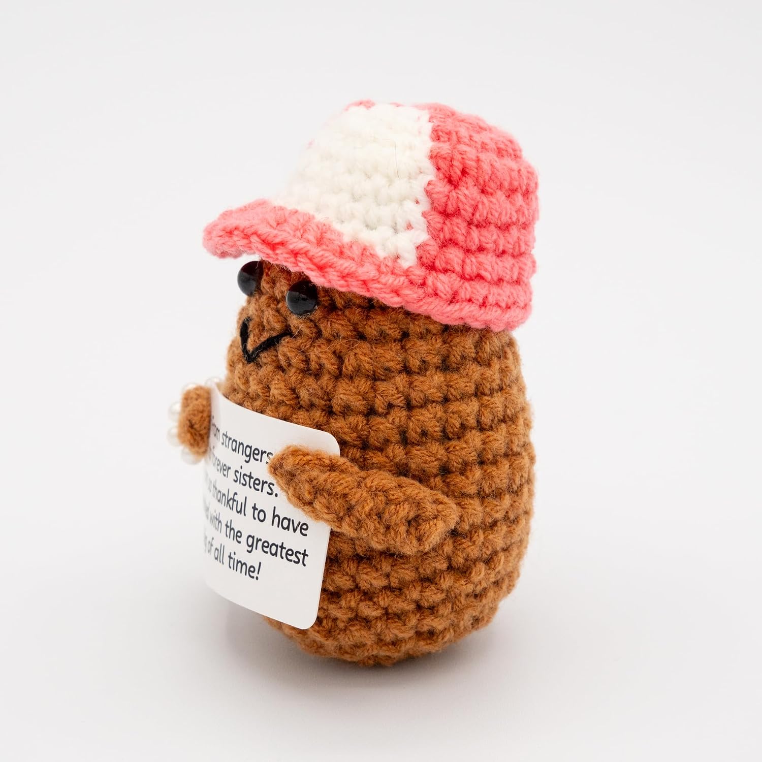Handcrafted Crochet Potato with Pink Trucker Hat, Small Sorority Big Little Gift, Yarn Material, 2.5x1.5x4 Inches, Desk Decoration, Ages 14+ (Gift for Sorority Sister)