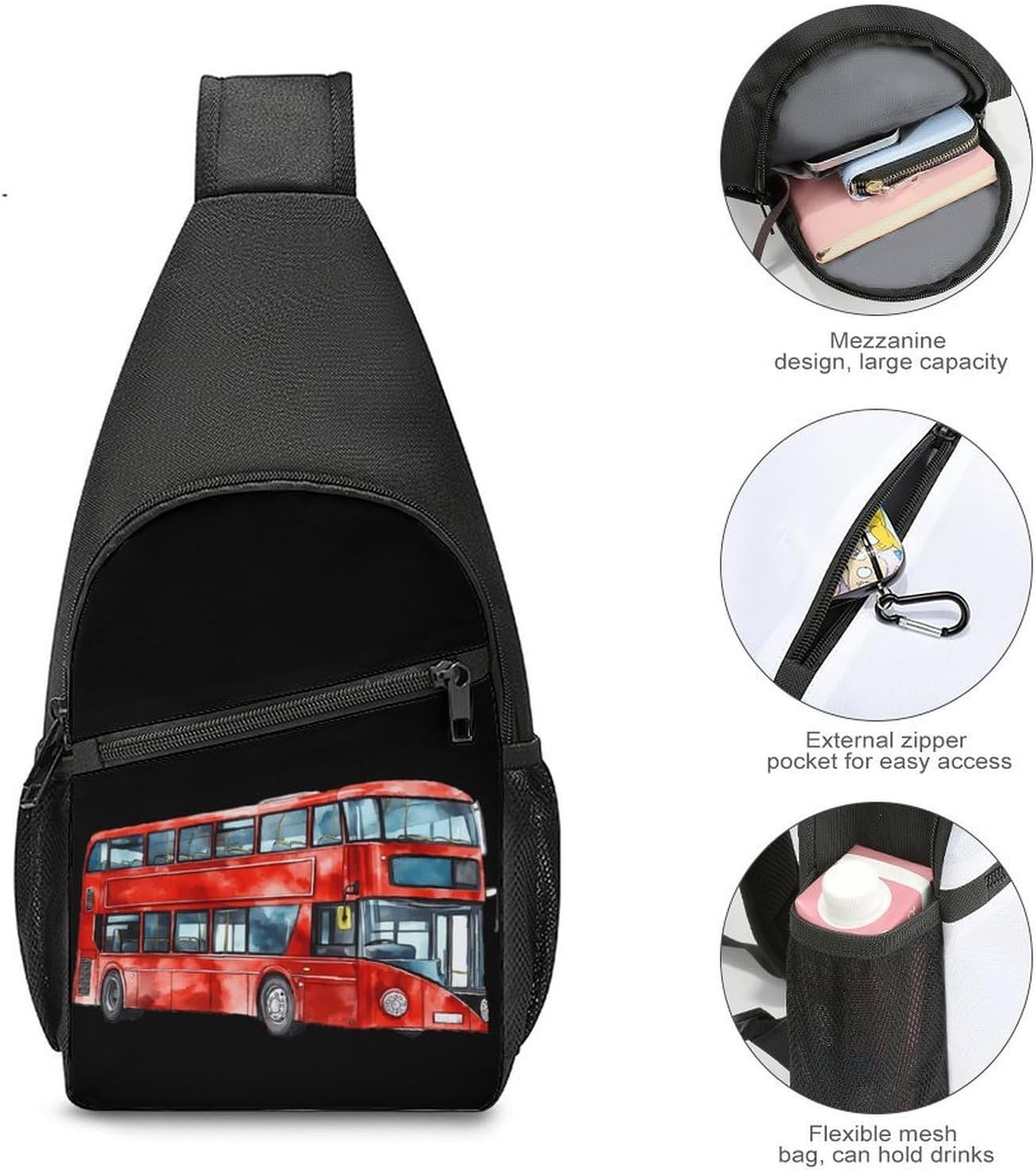 Watercolor London Bus Crossbody Sling Backpack Chest Bag Daypack | unisex,trendy,with convertible and detachable shoulder strap,side pockets