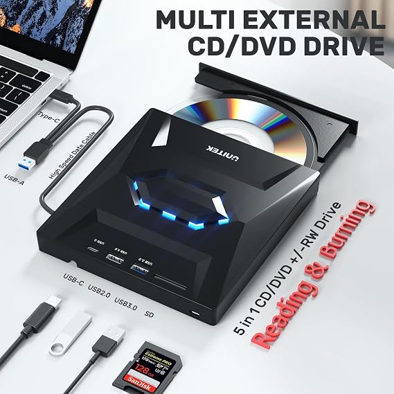 UNITEK External CD DVD Drive for laptop, USB 3.0 Type-C CD ROM Burner