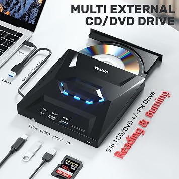 UNITEK External CD DVD Drive for laptop, USB 3.0 Type-C CD ROM Burner