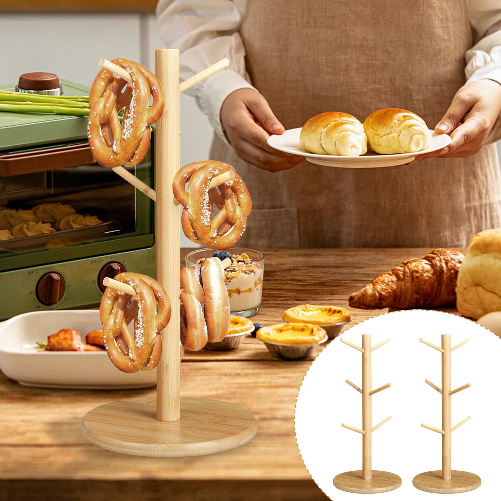 2 Stück Brezelständer, Holz Brezelhalter in Baumform, Donut Ständer Snack Display, 6-armig, Höhe 35cm, für Brezeln Würste Laugenbrot, Küchen,Cafés,Bäckereien,Restaurants (Runder Sockel)