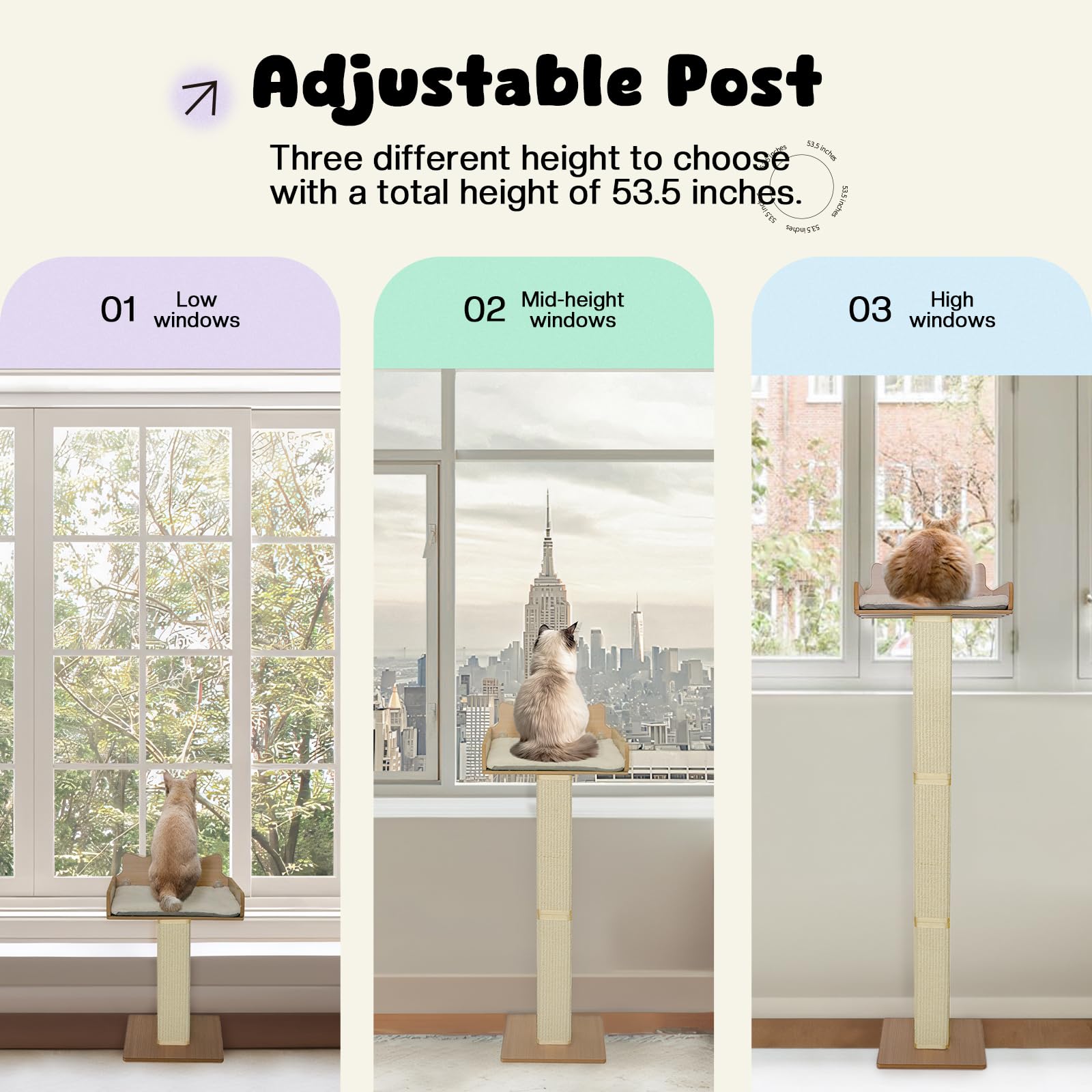 Hamaca Ventana Para Gatos GreenPetopia - Poste Rascador Sisal - Ajustable 53.5" - 2 Ventosas