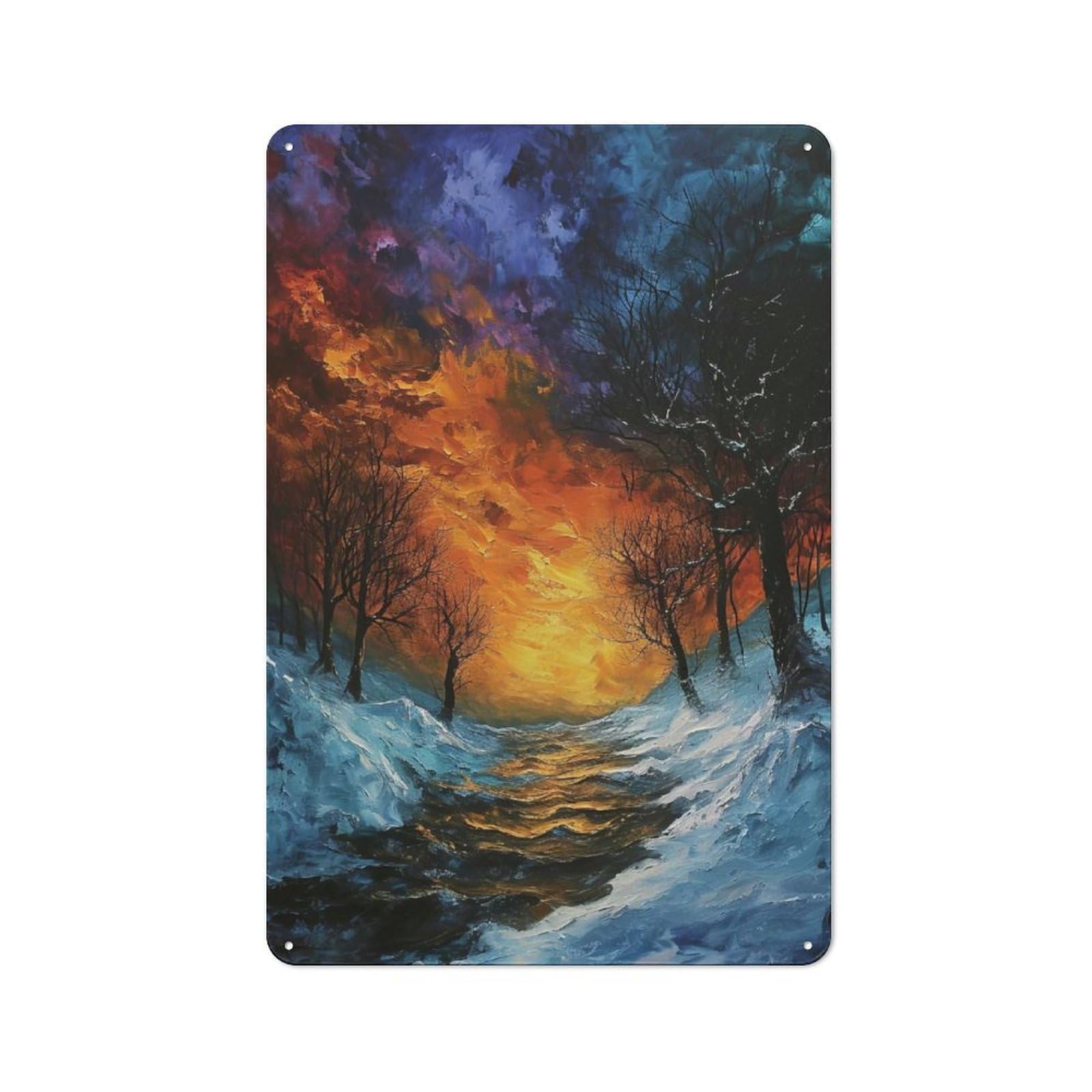 Junmoney Style-3 Character Decorative Tin Plaque 30X20cm Featuring Winter Sunset Landscape Painting, Home Wall Decor For Flat, Dorm Room, Lounge Or Cafe