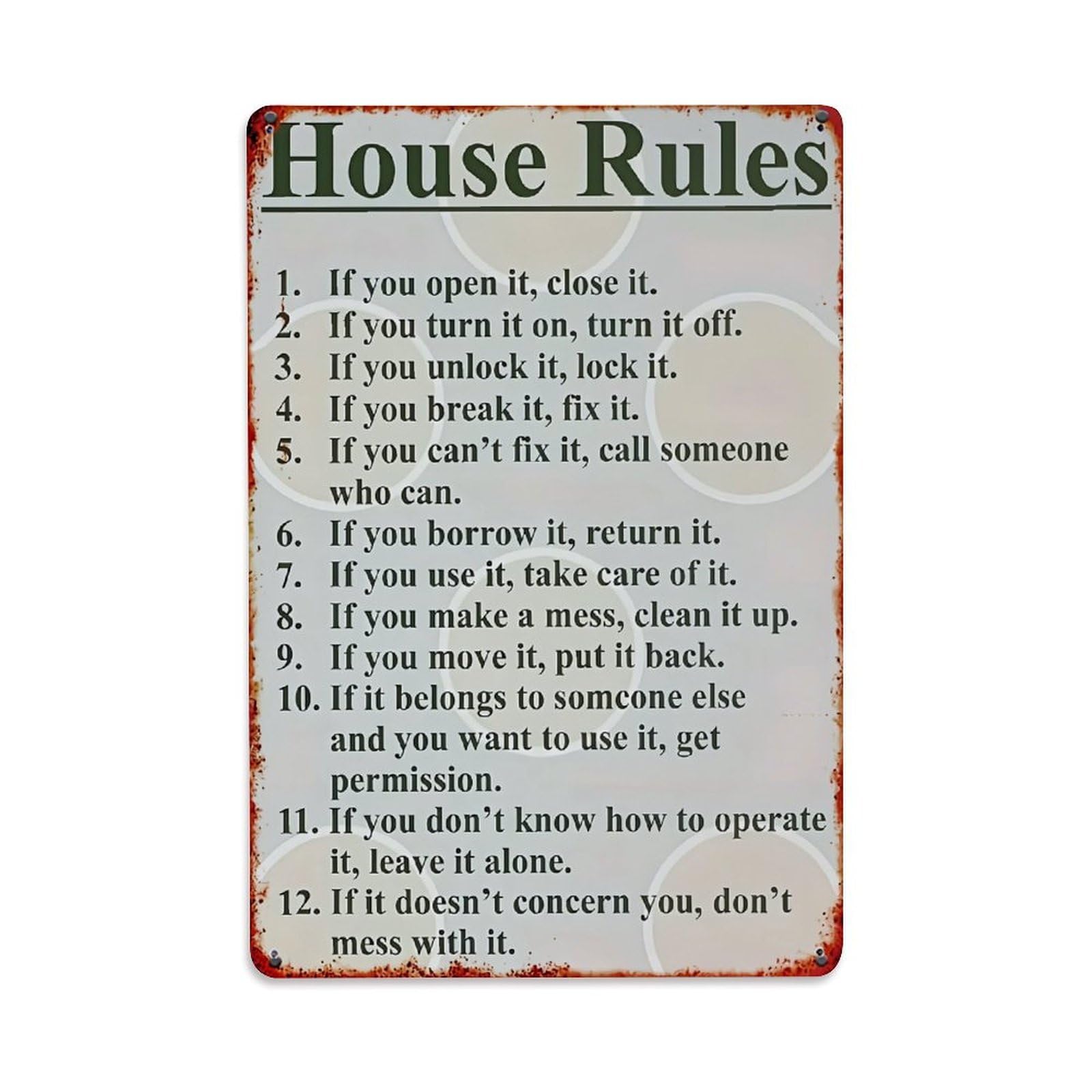 House Rules List Pattern Print Retro Metal Tin Sign, Vintage Decor Art Poster for Bar, Home, Man Cave, Kitchen, Laundry Room Gift 8x12Inch