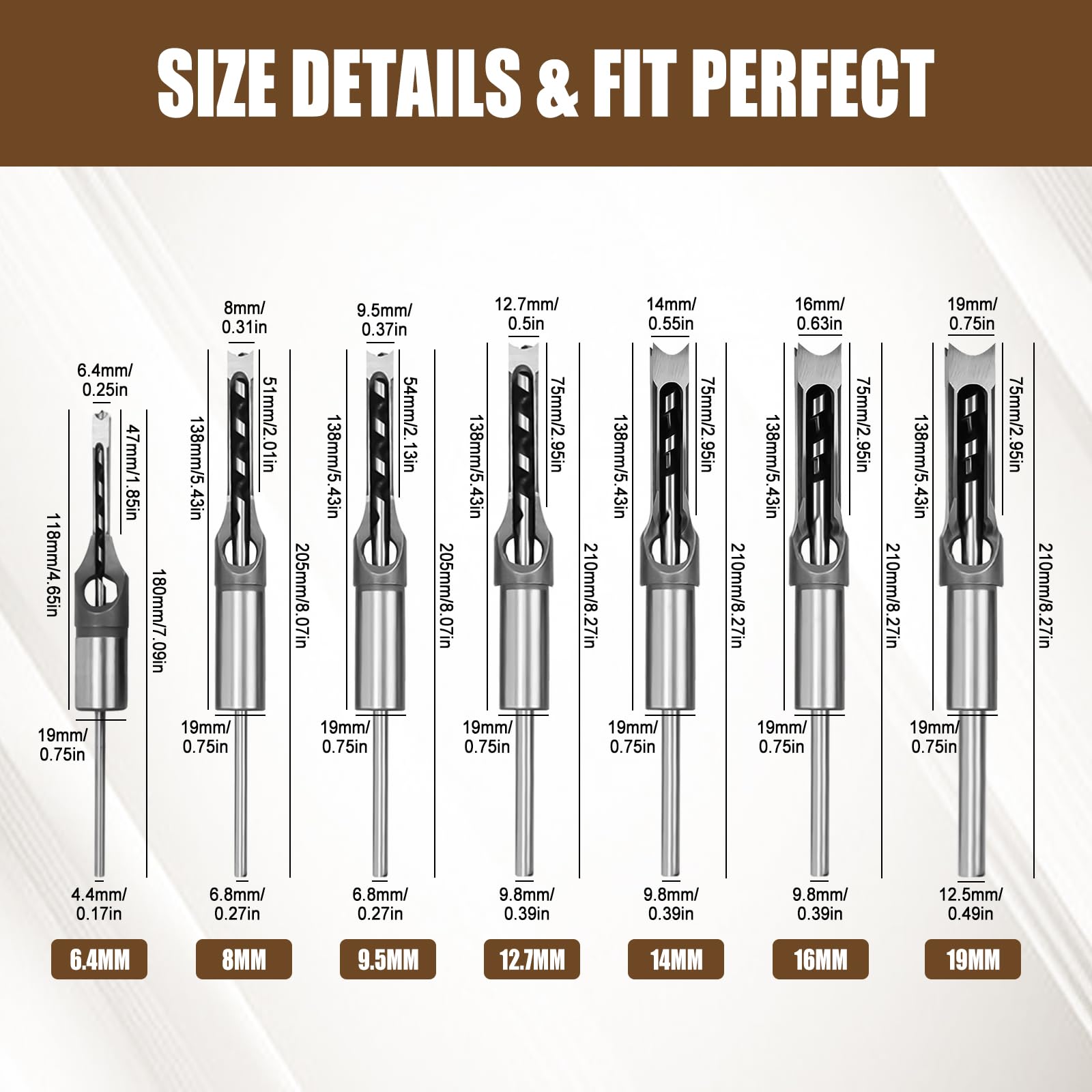 HSOKEW Woodworking Square Hole Drill Bits, Wood Mortising Chisel Set Wood Square Hole Mortising Chisel Drill Bit for Mortising Machines (1/4, 5/16, 3/8, 1/2, 9/16, 5/8, 3/4)
