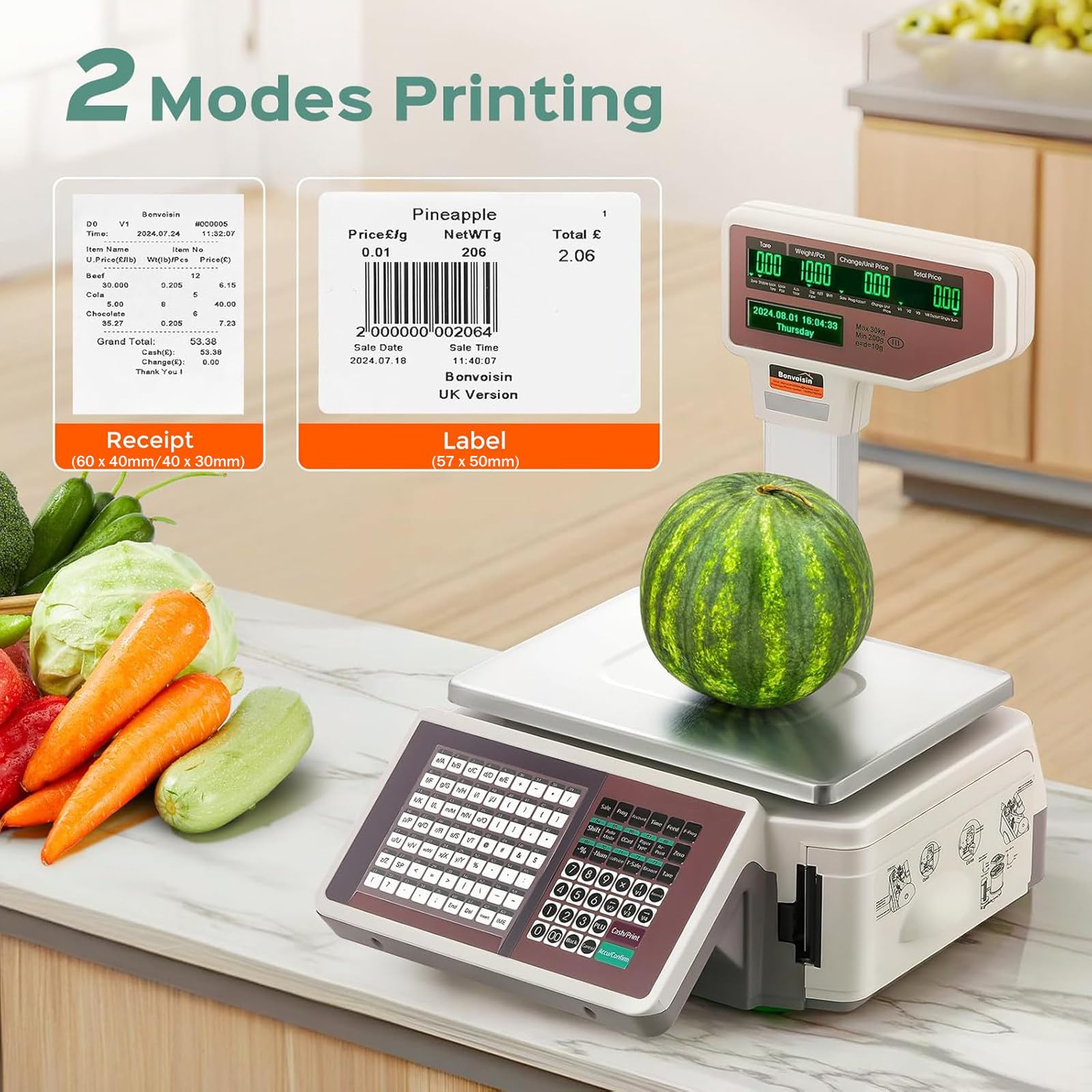Cyfrowa waga do drukowania etykiet cenowych, dwustronny wyświetlacz LCD 30 kg, elektroniczna waga kodów kreskowych z drukarką termiczną do supermarketu