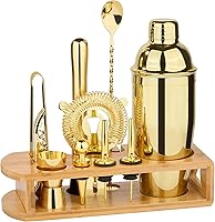 Wukuna Gold 12-Piece Cocktail Shaker Set with Bamboo Stand - Professional Bartender Kit for Home Bar, Parties & Mixing Drinks