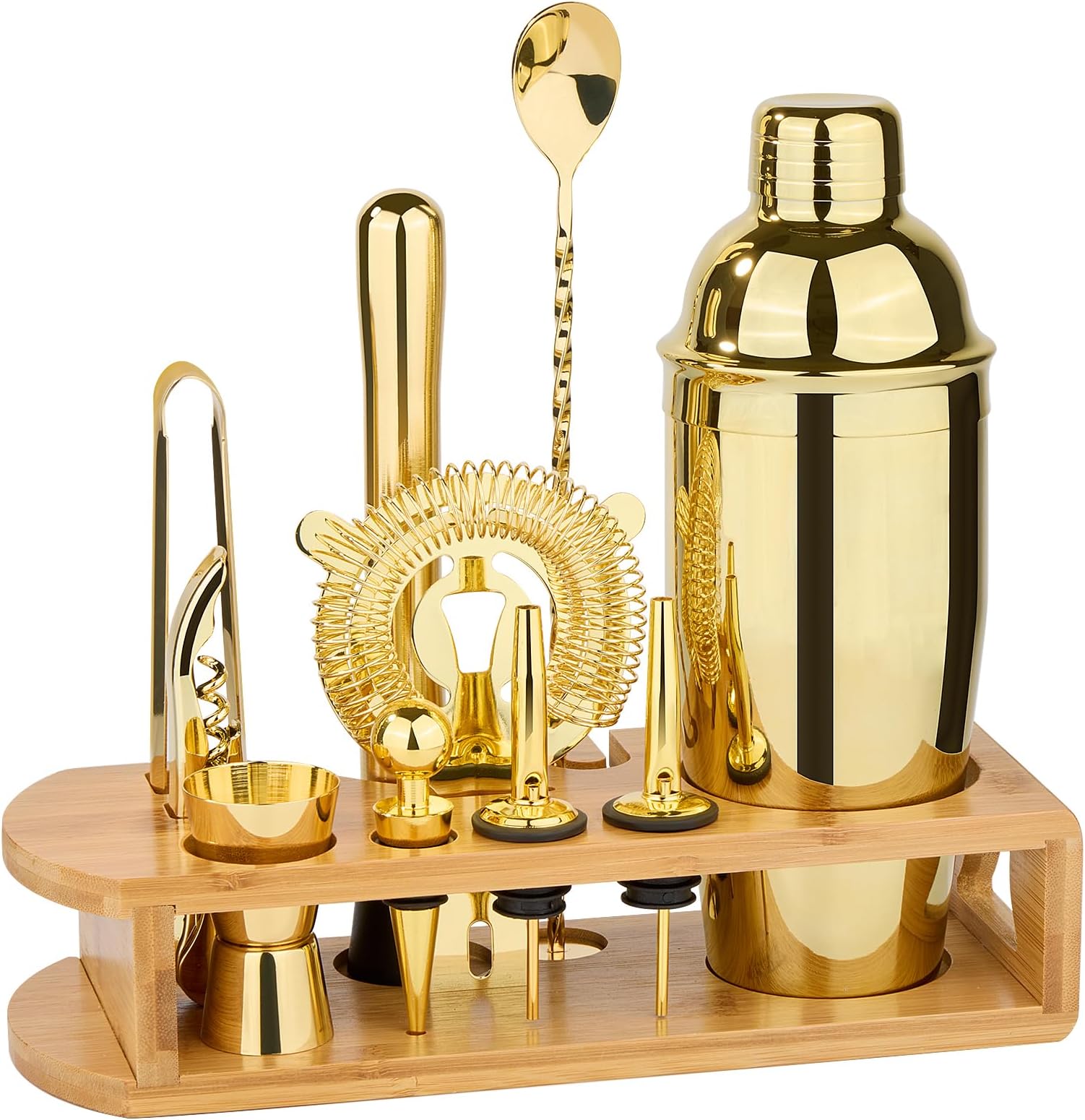 Cocktail Shaker Set Bartender Kit : 12-Piece Bar Tool Set with Bamboo Stand | Bar Set with All Practical Bar Accessories, for Drink Mixing, Bar, Home, Lounge & Party (Gold)
