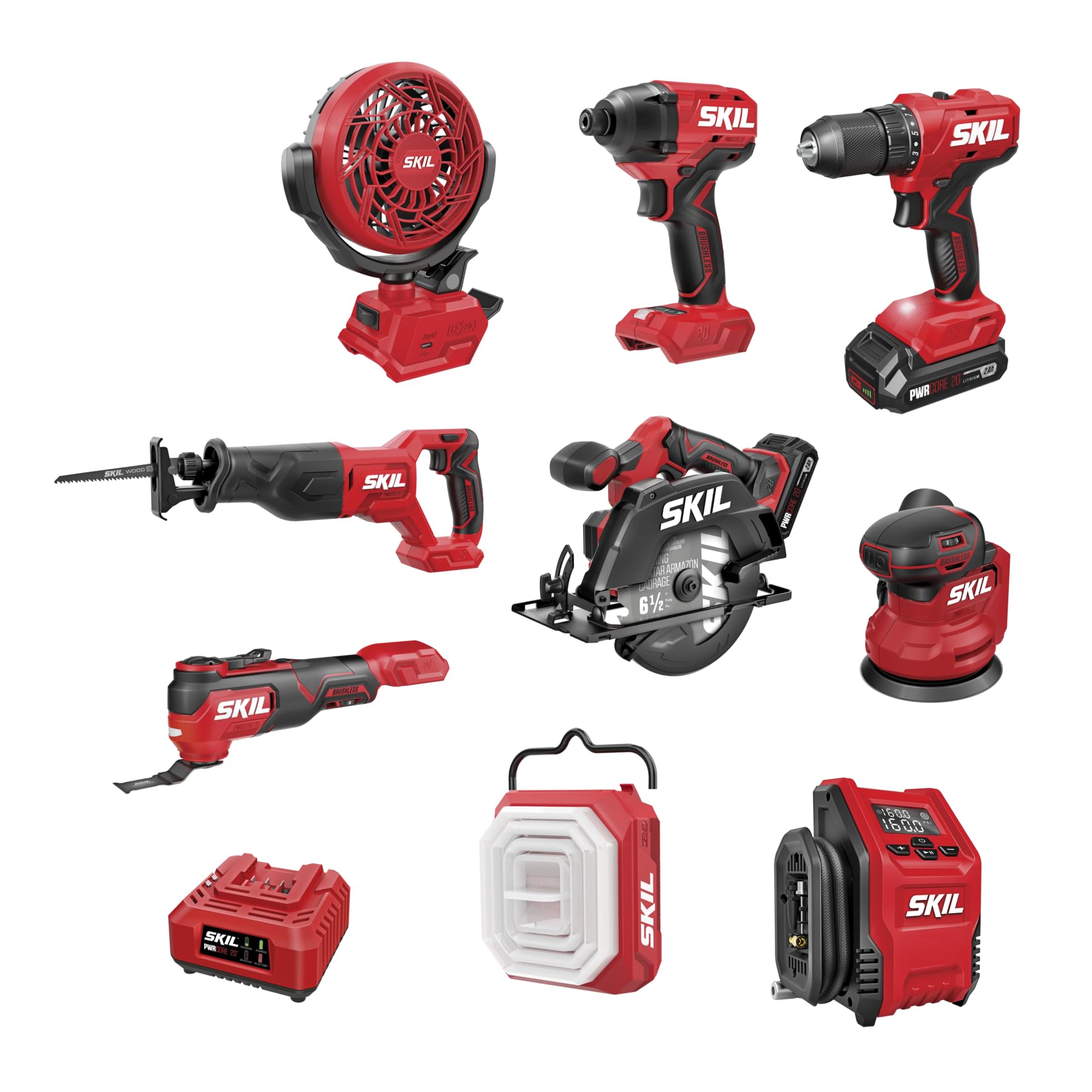 SKIL PWR CORE 20V Brushless 9-Tool Power Tool Combo Kit Including 2 * 2.0Ah Batteries, Charger, and Rolling Tool Box -CB8009B-20