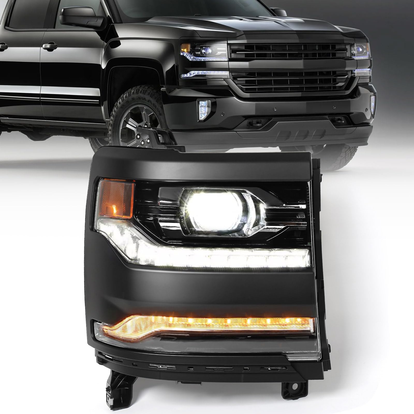 Huray Headlight for Chevy Silverado 1500 2016-2018 Silverado 1500 LD 2019 [Full LED Type] [DRL Projector] OE Head Lamp Replacement (Black, Passenger Side (Right))