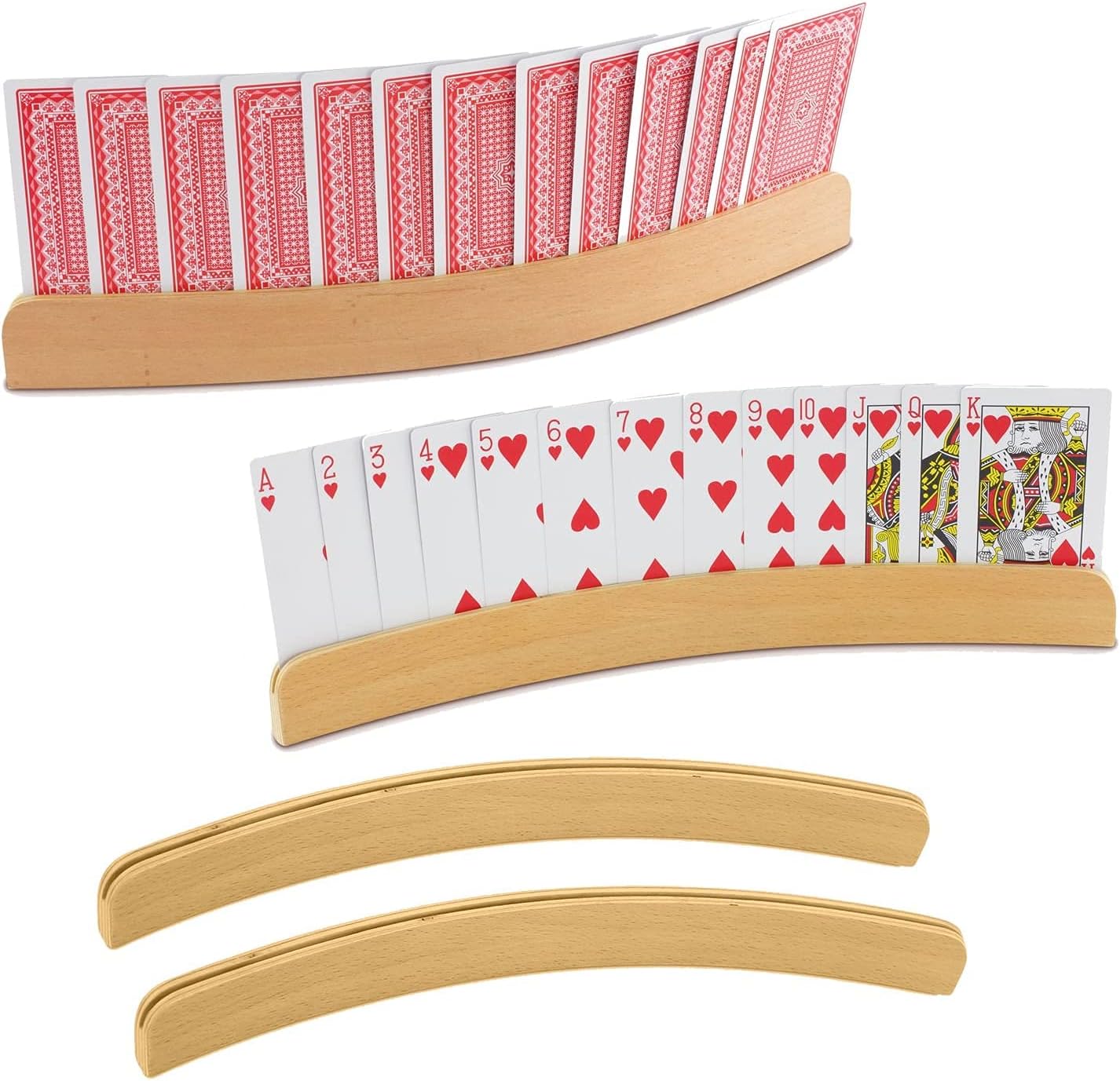Kovot Curved Wooden Playing Card Holders 4 Pack - 13" Long | Improved Depth & Weight
