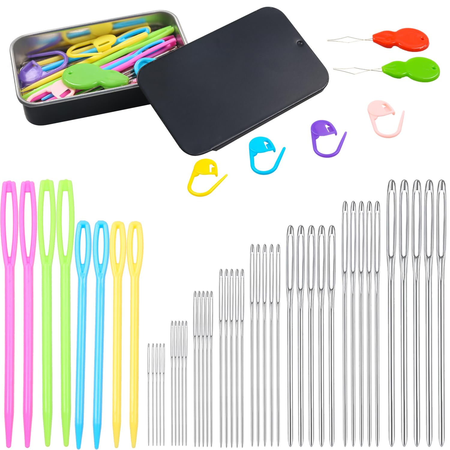 Eketirry 54 PCS Large-Eye Blunt Needles kit, 8 Sizes Stainless Steel Yarn Knitting Sewing Needles, Crafting Weaving Stringing Needles with Threaders