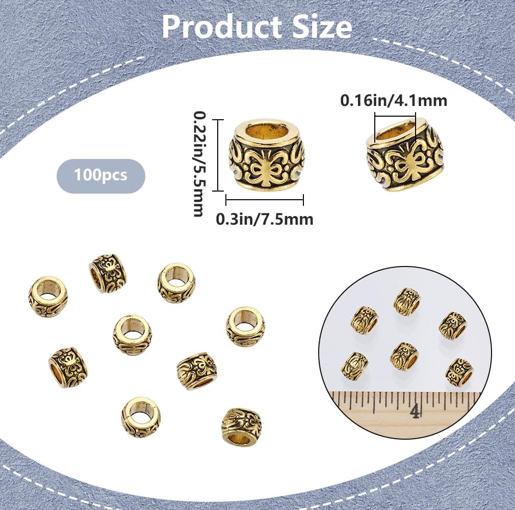 1 Box 100pcs Tibetan Spacer Beads Large Hole Alloy Beads Antique Golden European Rondelle Loose Spacers Bead Barrel Tube Spacers Bead for Jewelry Making Necklace Bracelet Accessories Crafting - Image 2