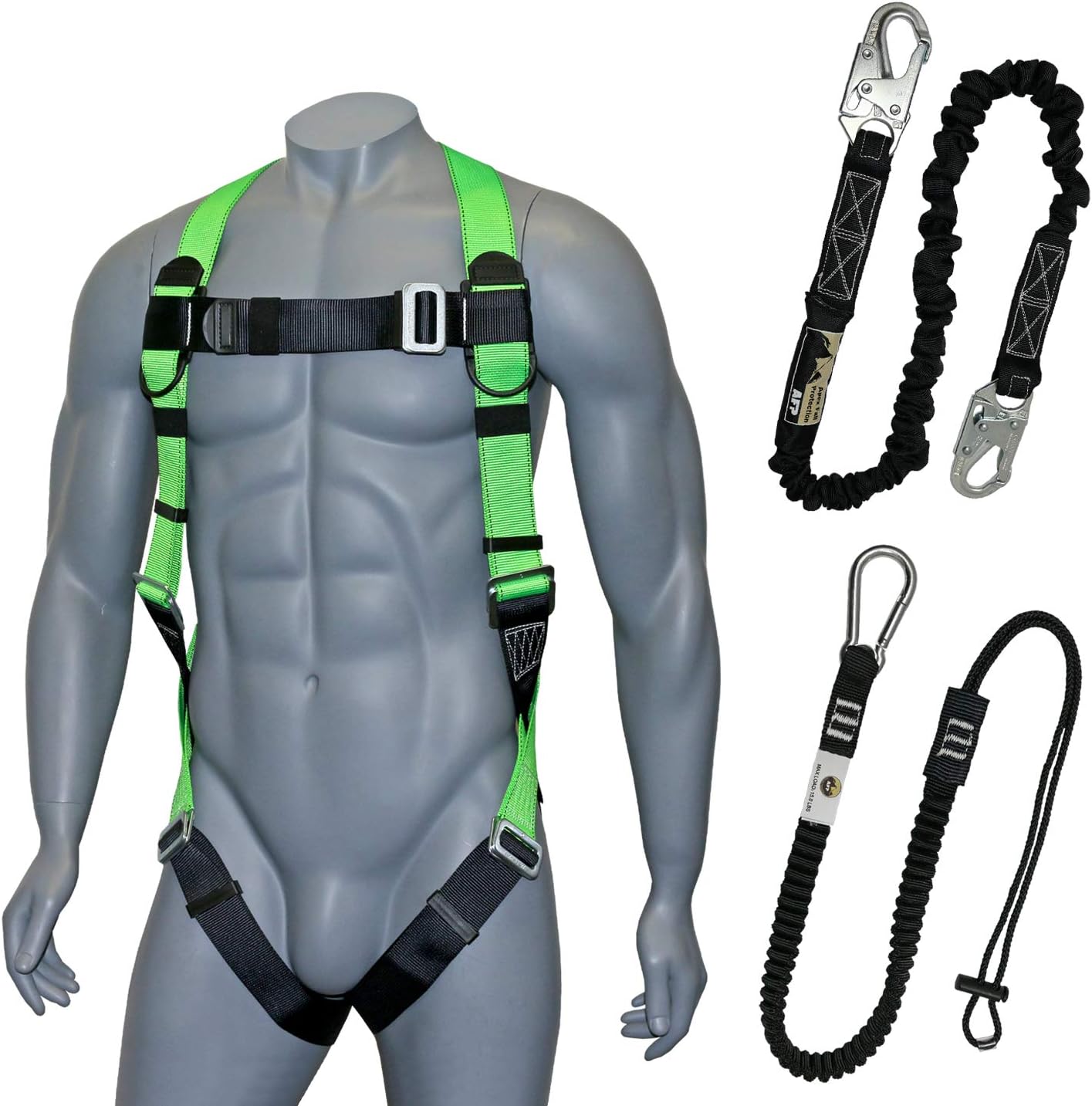 Universal Full-Body Fall Protection Safety Harness with Dorsal D-Ring and Mating Buckle Legs | High-Visibility Green | Shock Absorbing Lanyard & Tool Lanyard (OSHA/ANSI)