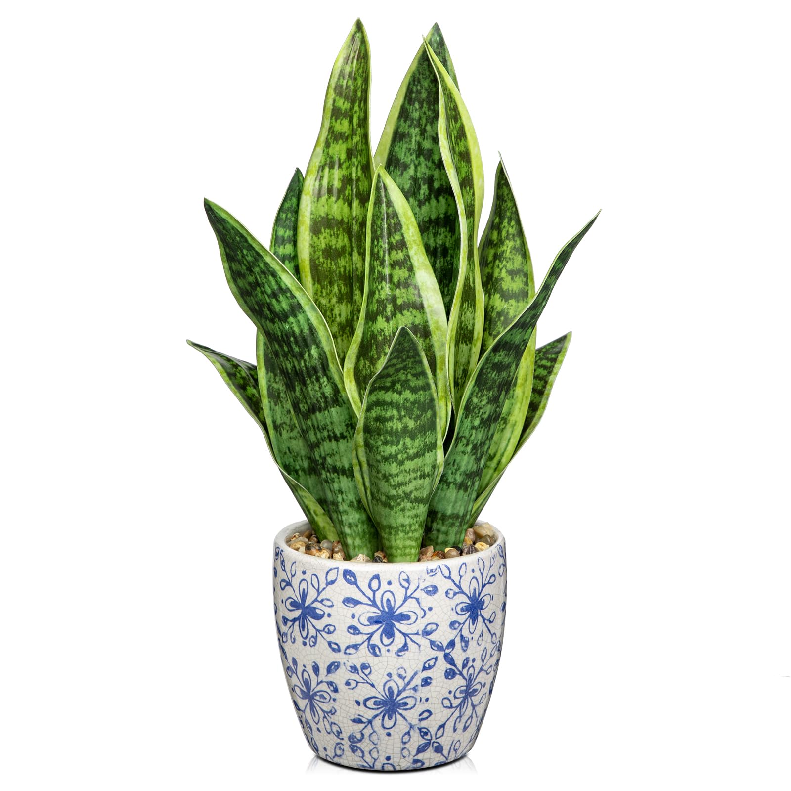 Arborus Artificial Snake Plant in Ceramic Pot 40CM Artificial Sansevieria Plant in Blue and White Porcelain Pots Fake House Plants Potted for Indoor Home Kitchen Bathroom Decor