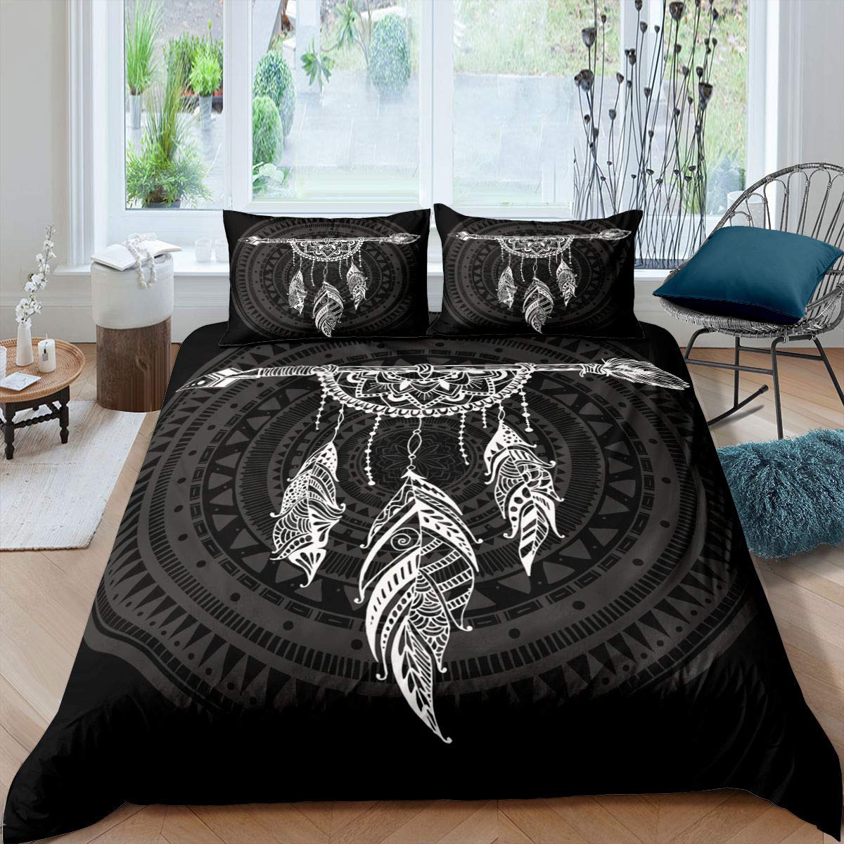 Erosebridal Dream Catcher Duvet Cover, Boho Feather Comforter Cover Set, Mandala Quilt Cover, Arrow Geometric Aztec Bedding Set Queen Size 1 Duvet Cover with 2 Pillow Cases, Black White