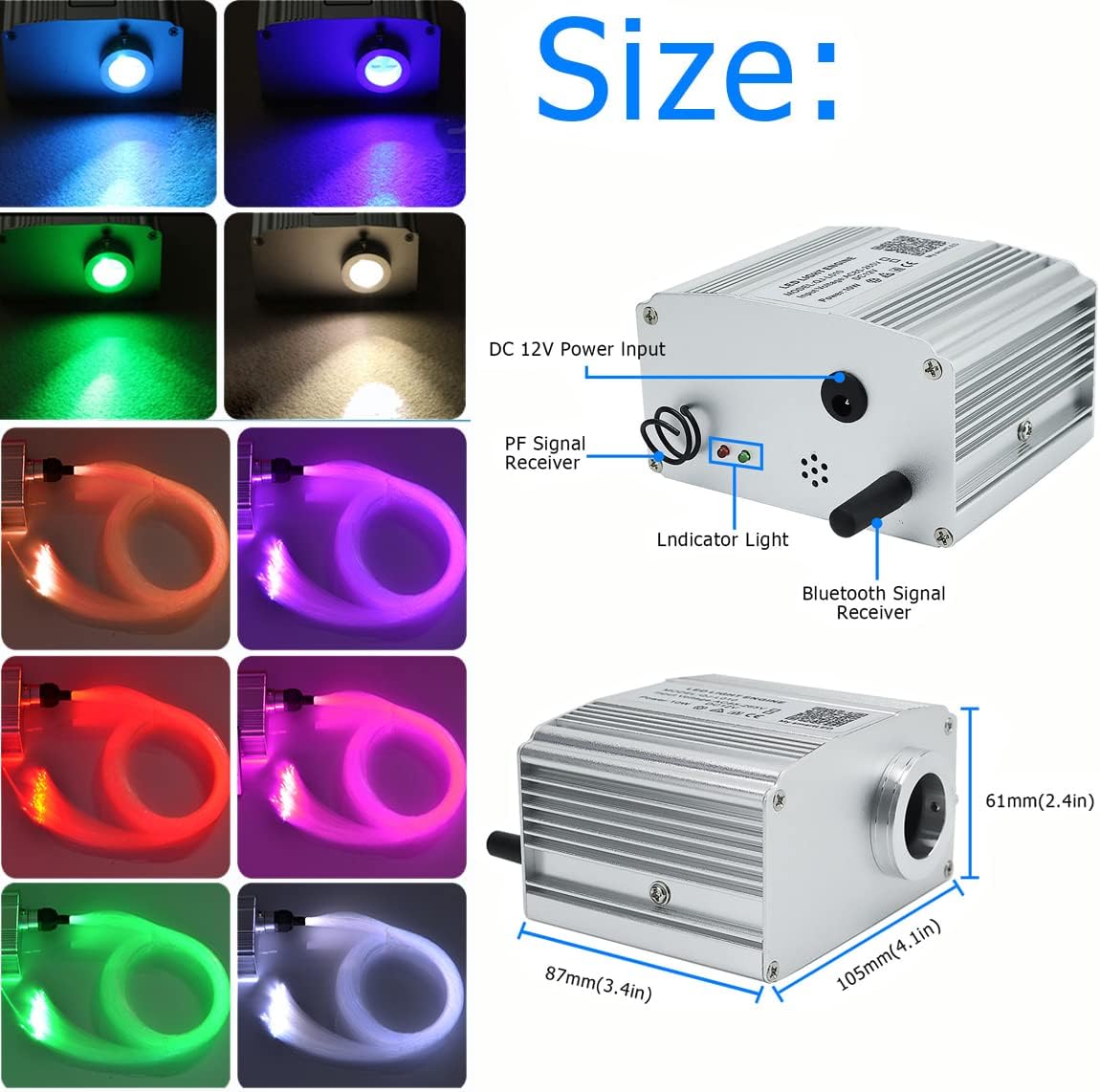 AZIMOM 10W Twinkle Bluetooth RGBW LED Fiber Optic Star Ceiling Light Kit 300pcs 0.75mm 9.8ft Sensory Music Mode APP Remote Control for Indoor Car Interior Decoration