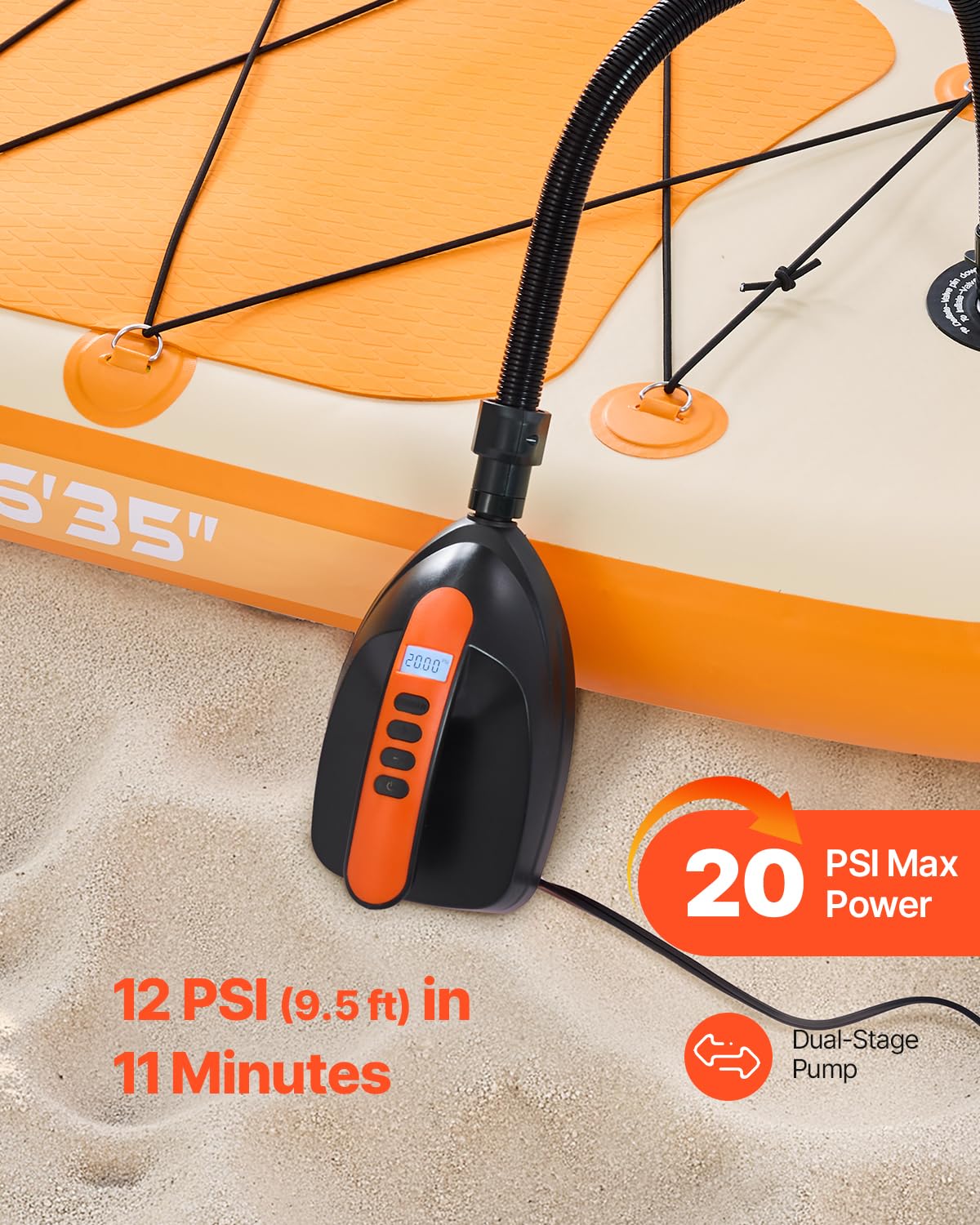 VEVOR Pompe à Air pour Paddle Haute Pression 20 psi, Gonfleur pour Sup avec Connecteur Allume-Cigare et Arrêt Automatique, Vitesse de Gonflage 70 L/mins, pour Bateau Gonflable Kayak Matelas Tente