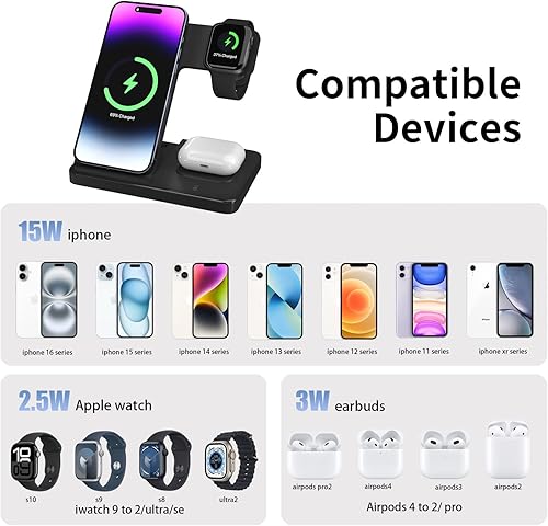 Miniatura 7 de Cargador inalámbrico 3 en 1, estación de carga rápida de escritorio para iPhone 16, 15, 14, 13, 12, base de carga para Apple Watch y AirPods