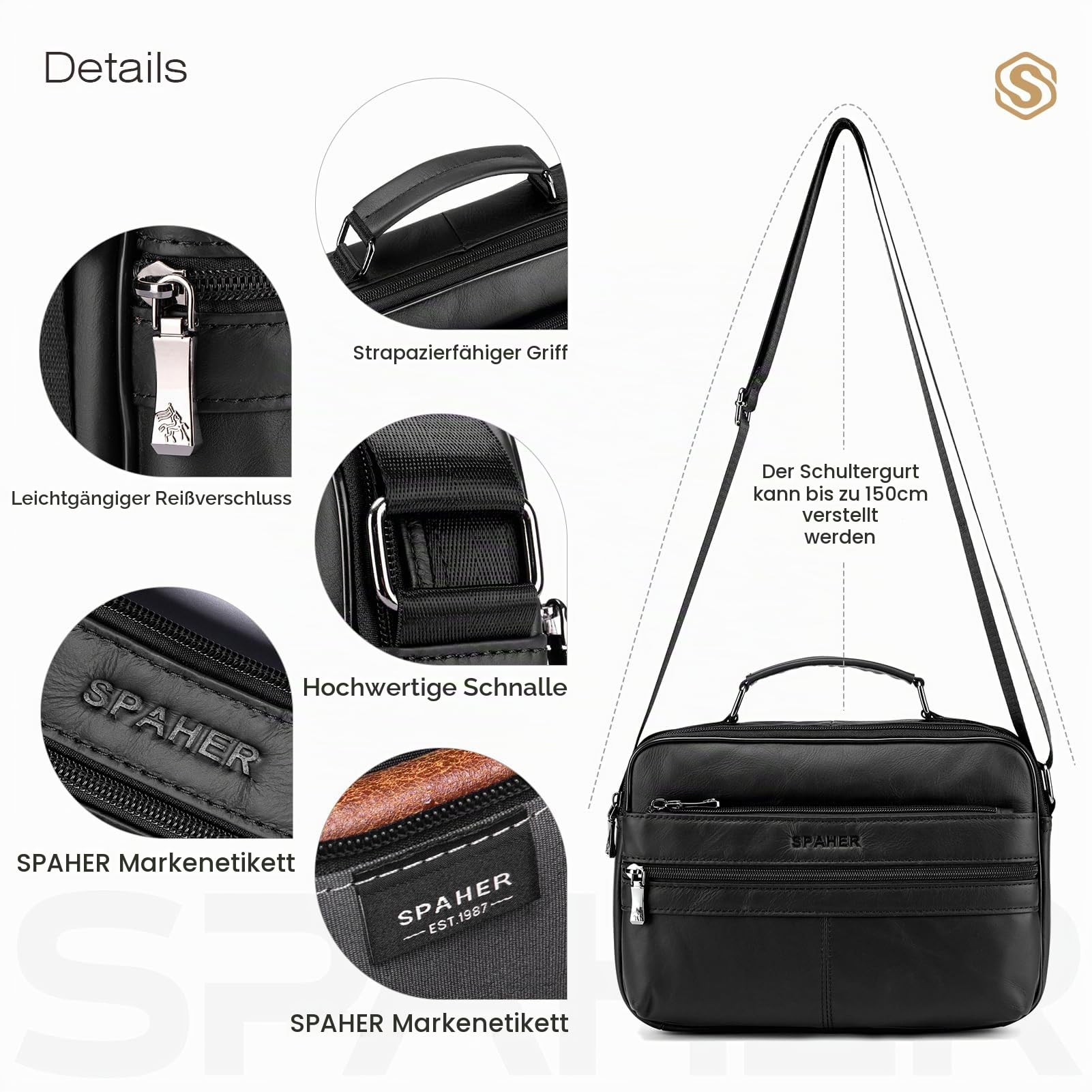 SPAHER Umhängetasche Leder Herren Herrentasche Schultertasche Echtes Leder Messenger Bags Handgelenktasche Herren Schultertasche Crossbody Bag Geschenk für Männer Schwarz