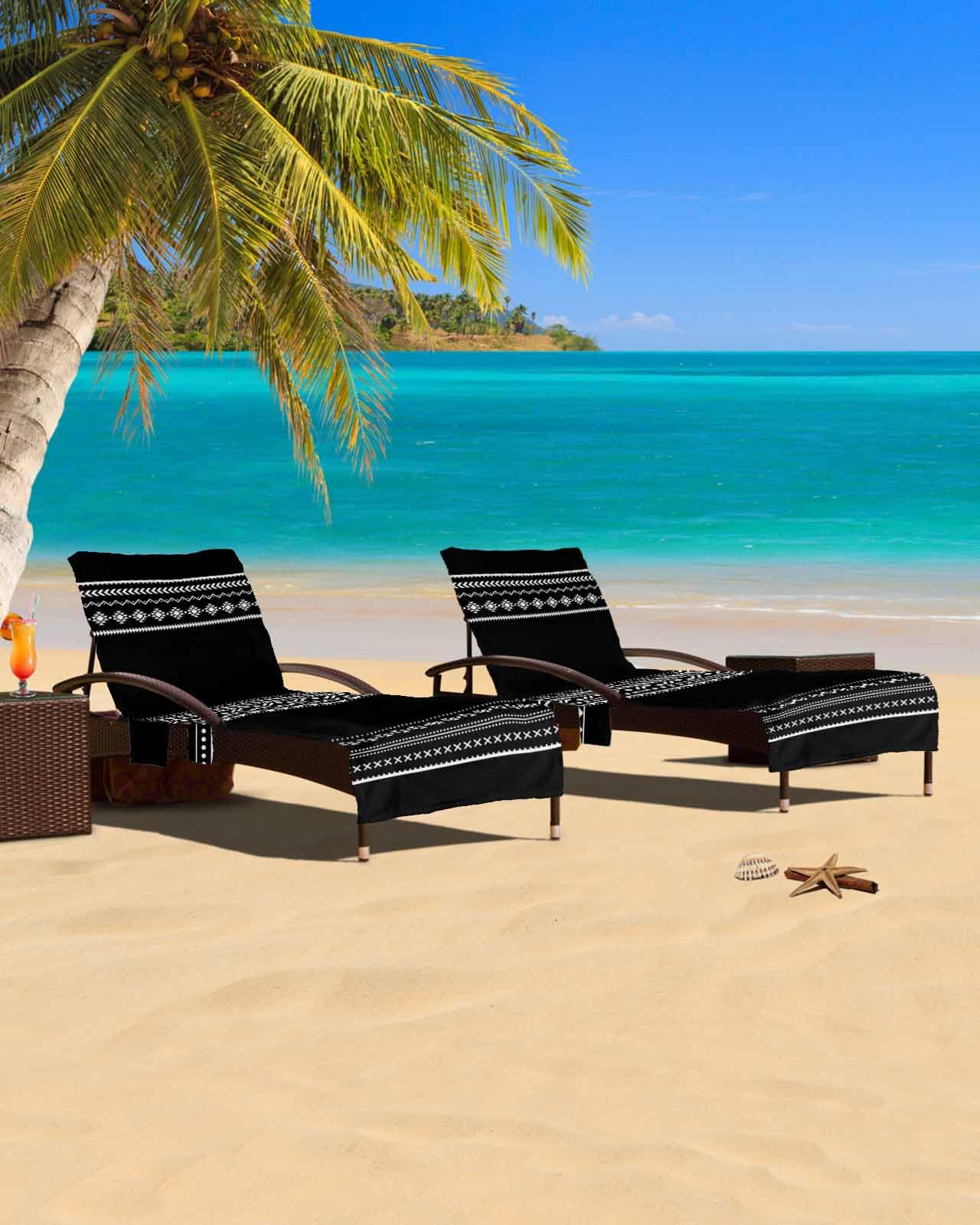 Boho Black Beach Chair Cover with Side Pockets, Microfiber & Quick Dry Pool Chaise Lounge Chair Towels Covers for Sun Sunbathing Patio Garden Hotel, White Geometric Stripes Southwestern Bohemia