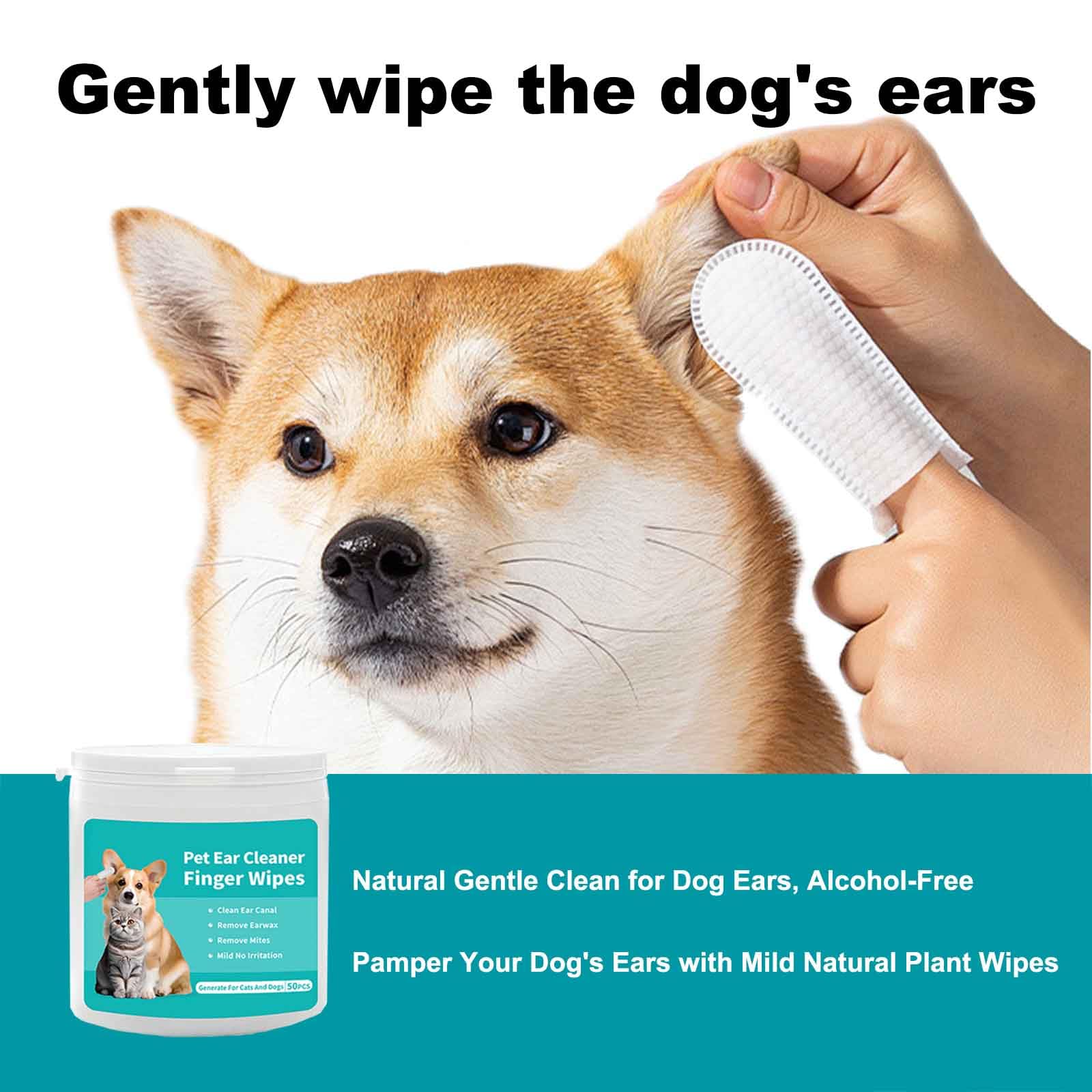 Ear Finger Wipes for Dogs & Cats,Dog Ear Cleaner Wipes Gently Remove Ear Wax, Debris, Natural Ingredients & Fresh Coconut Scent - 50 Count - image 2