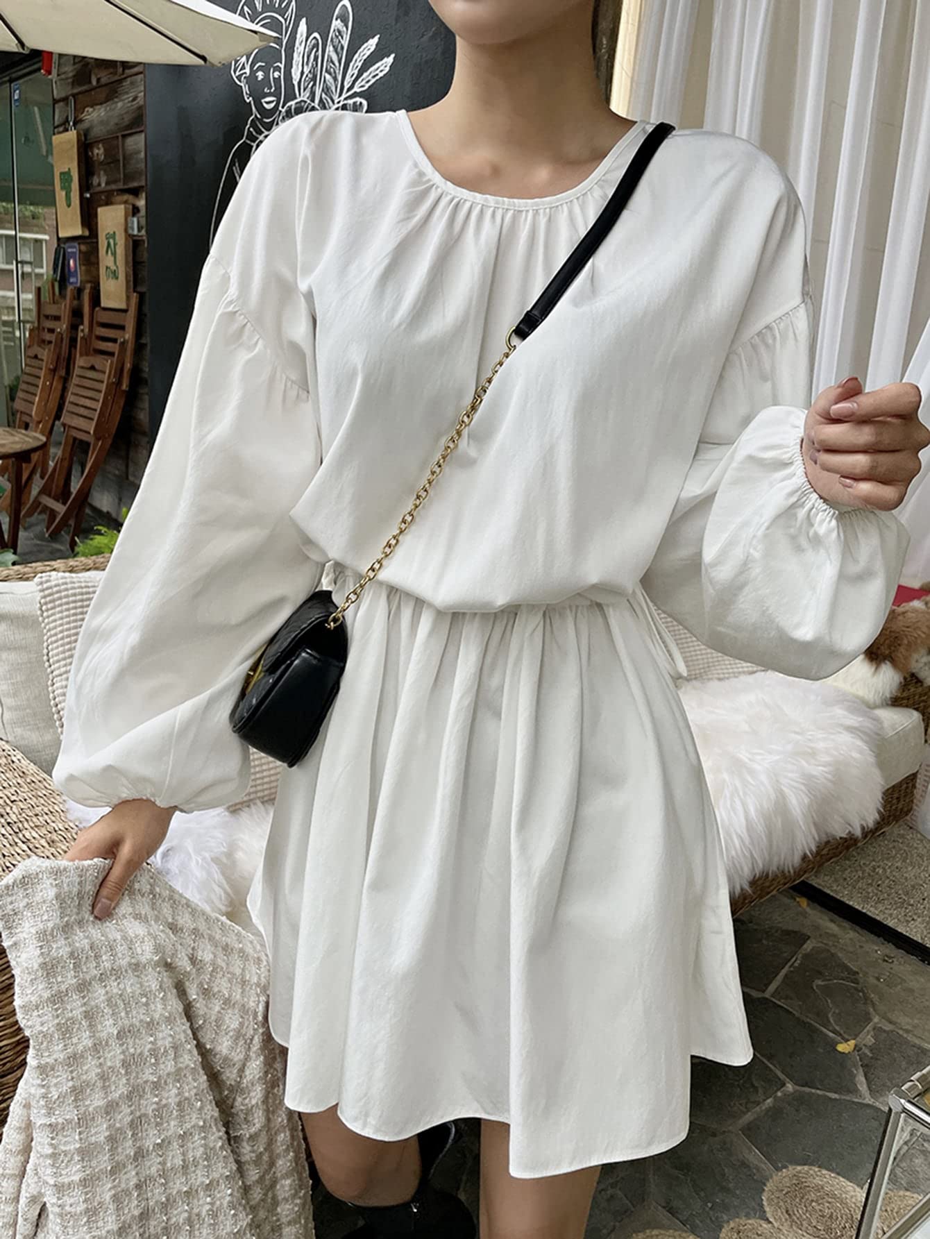 Amazon.com: Women's Dresses Solid Bishop Sleeve Smock Dress Dress for Women  (Color : Beige, Size : Medium) : Clothing, Shoes & Jewelry