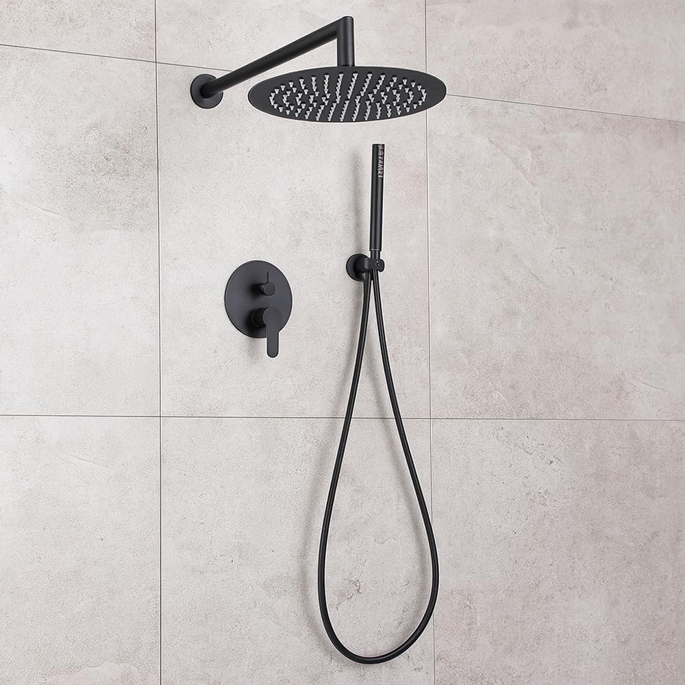 Vetrineinrete Set doccia da incasso tonda miscelatore 2 vie soffione 25x25 cm con doccetta staffa flessibile 180 cm (Nero)