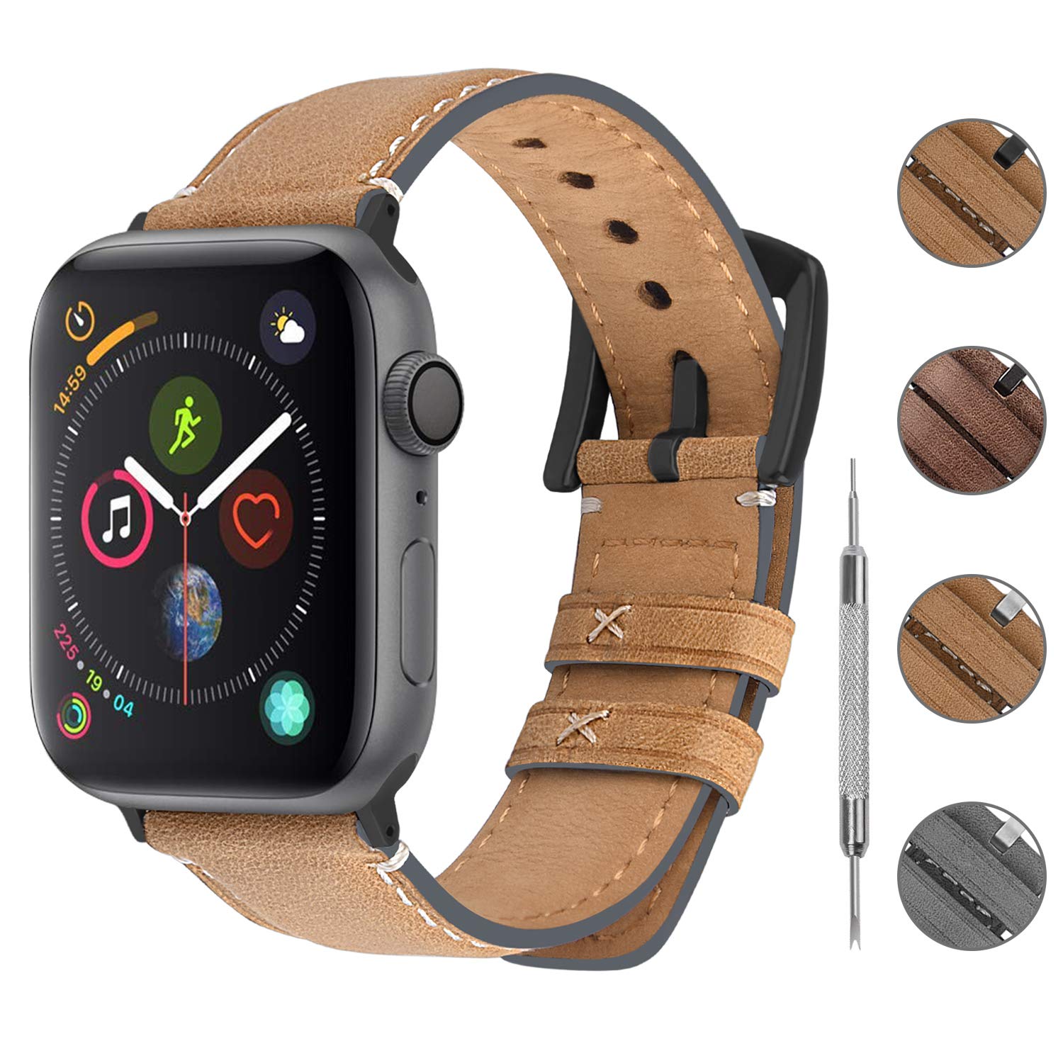 Fullmosa Apple Watch Strap 44mm 42mm, Wax Classic Leather Band for iWatch Series SE 7 6 5 4 3 2 1, Light Brown 44mm Smoky Grey Buckle