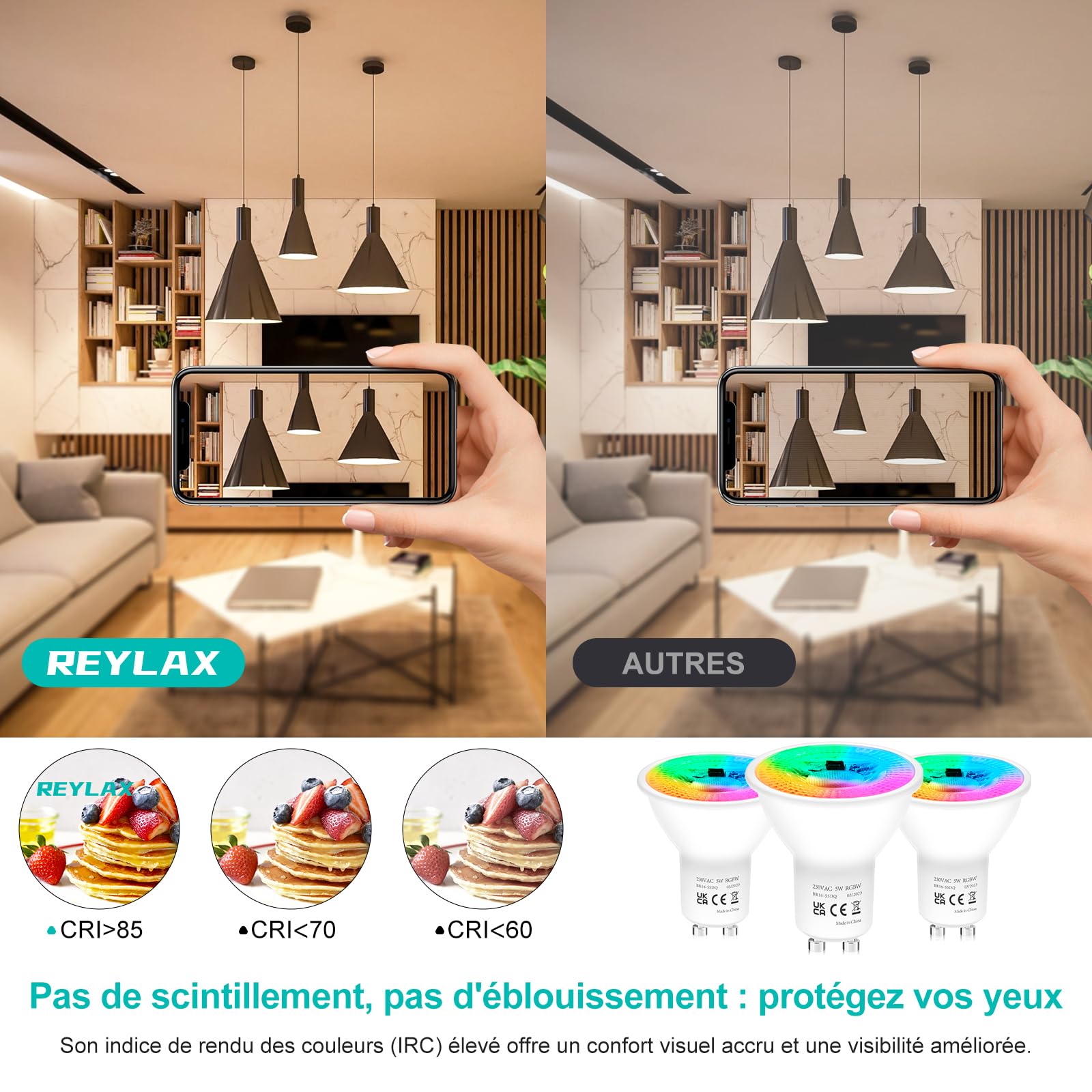 REYLAX Ampoule GU10 LED 5W Equivalence 50W 450lm RGB Spot Changementde Couleur Ampoules Blanc Chaud LED GU10 Dimmable avec Télécommande pour Luminaire Sur Rail Applique Murale paquet de 8
