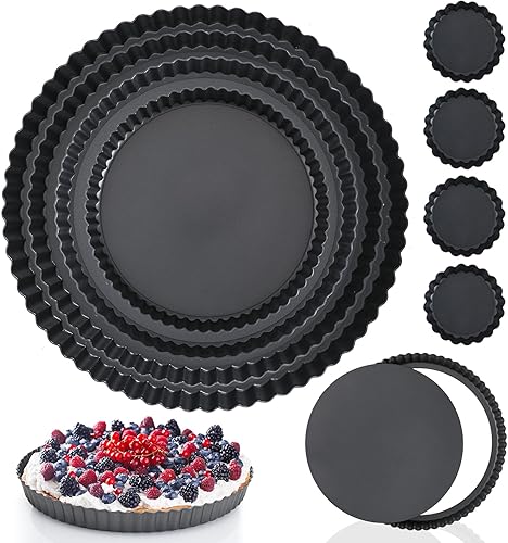 8 moldes antiadherentes de 4, 9.5, 10, 11, 12.6 pulgadas, con parte inferior extraíble, redondos, de acero al carbono, con bordes acanalados, para