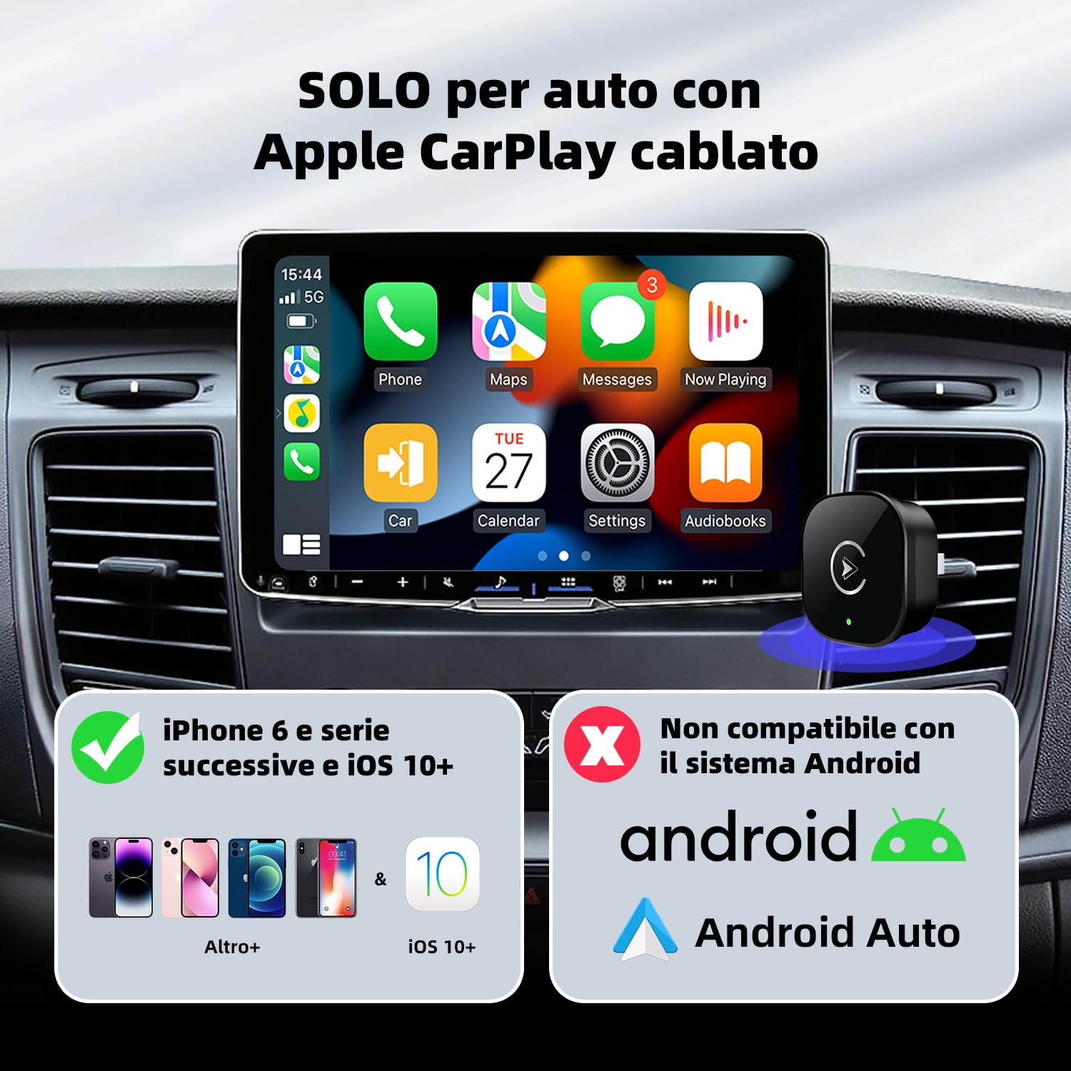2026 Adattatore Wireless CarPlay, Design Mini USB per Auto con CarPlay Cablato, CarPlay Wireless Compatibile con iOS 10+ & iPhone 6+, USB/Tipo C, Plug & Play Connessione Bluetooth Stabile