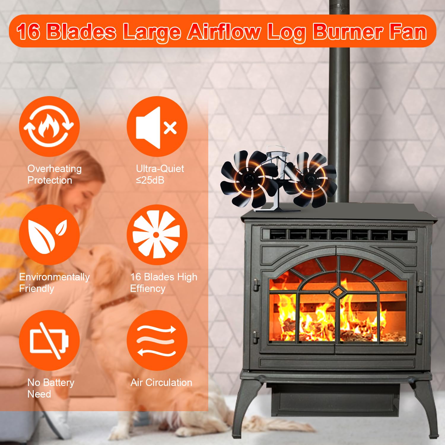 Tomersun Log Burner Fan Mini Heat Powered Fan Fireplace Eco Fans Silent for Home Wood Burning/Log Burner/Fireplaces 16 Blades - Image 2