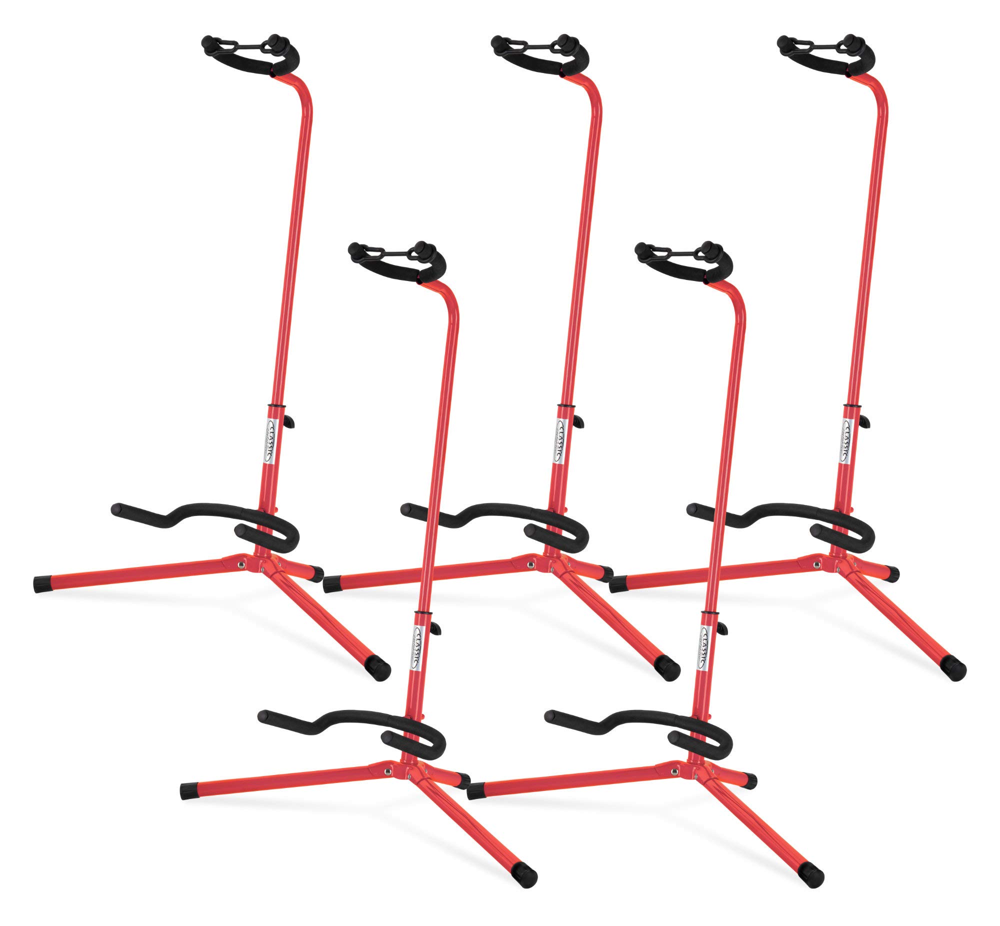 5x Classic Cantabile Gitarrenständer - Universal Gitarrenständer für Konzertgitarre, Westerngitarre, E-Gitarre, E-Bass - Gepolsterte Auflage - Klappbarer Gitarrenständer - Rot
