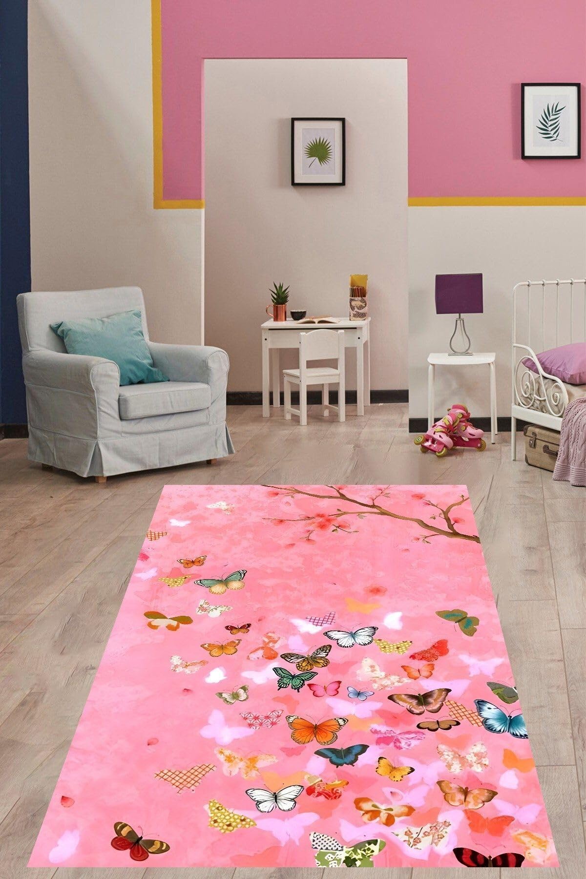 Pelangi Pembe Zemin Renkli Kelebekler Yıkanabilir Kaymaz Taban Leke Tutmaz Çocuk Odası Halısı, Pembe-Kahverengi 40 x 40
