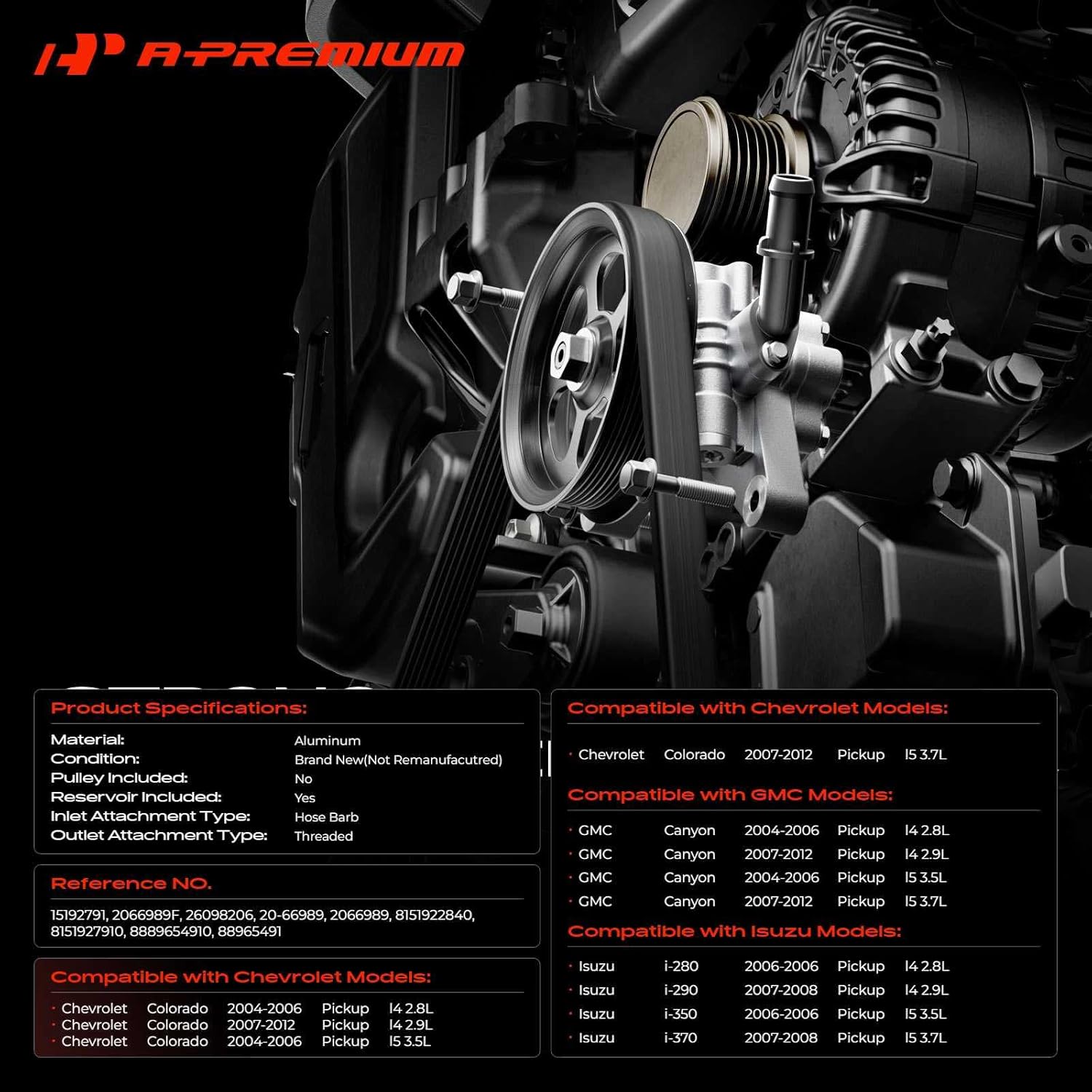 A-Premium Power Steering Pump, with Reservoir, Compatible with Chevrolet Colorado 2004-2012 & GMC Canyon 2004-2012 & Isuzu i-280/i-350 2006, i-290/i-370 2007-2008, 2.8L 2.9L 3.5L 3.7L