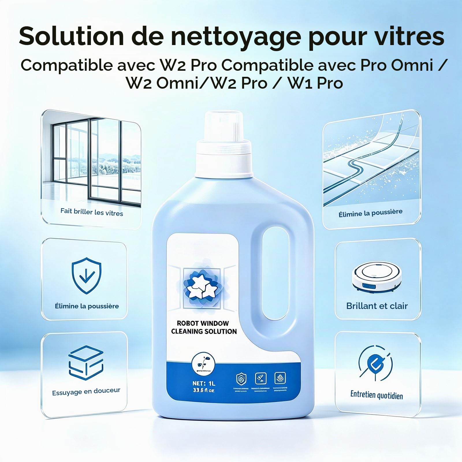Liquide nettoyant pour vitres compatible avec ECOVACS Winbot W1 W2 Pro Mini Omni