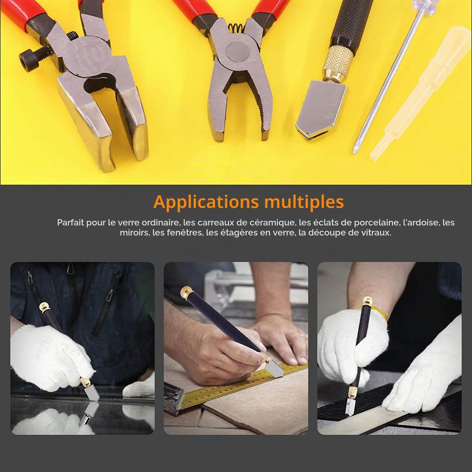 Kit de coupe-verre professionnel - Pince à briser et à joints - Pince à joints professionnelle avec coupe-verre, 2 têtes de coupe de rechange, sac en tissu - Convient pour verre épais, mosaïque,