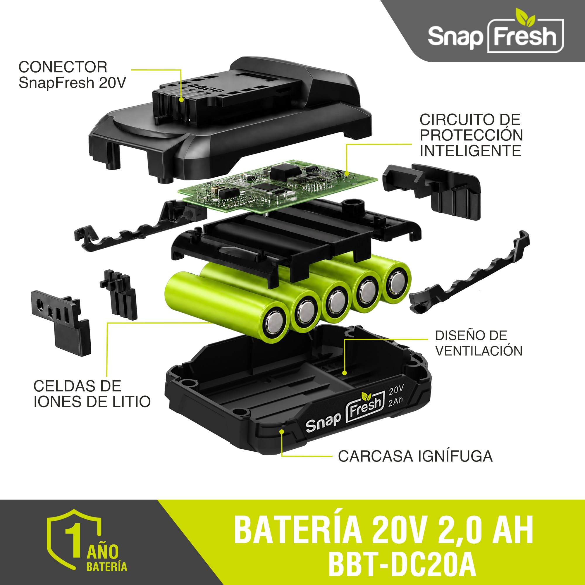 SnapFresh Batería de 20 V 2,0 Ah Solo Disponible con la Herramienta SnapFresh 20V, Carga Rapida (BBT-DC20A)