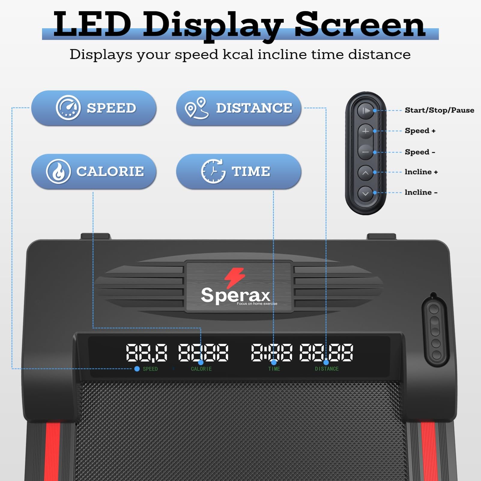 Sperax Tapis De Course Pliable 5-en-1 Pour Maison Et Bureau - Marche Et Course Jusqu'à 12 Km/h, Inclinaison Réglable, Télécommande Incluse